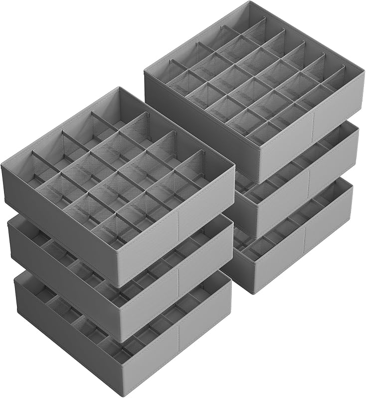 SONGMICS Paquete de 6 Organizadores de Cajones, 120 Celdas (3x16+3x24), Divisores Plegables, 11.8 x 11.8 x 3.9 Pulgadas, para medias, Ropa Interior, Corbatas, Cinturones, Gris Paloma URUS011G02