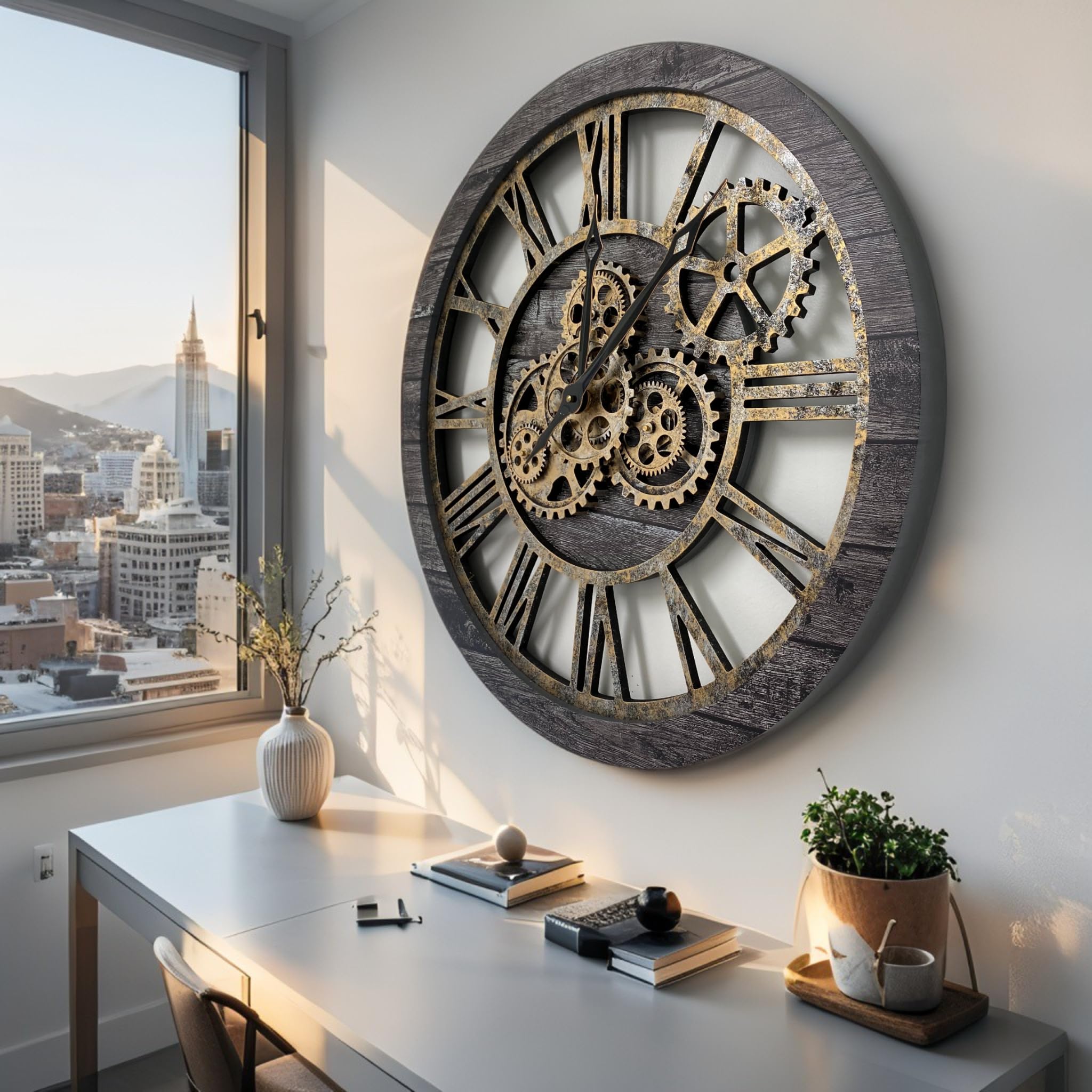 El Reloj de Engranajes El Original con Engranajes Reales en Movimiento Reloj de Pared Industrial de Gran tamaño (60 cm), Color Gris y Bronce