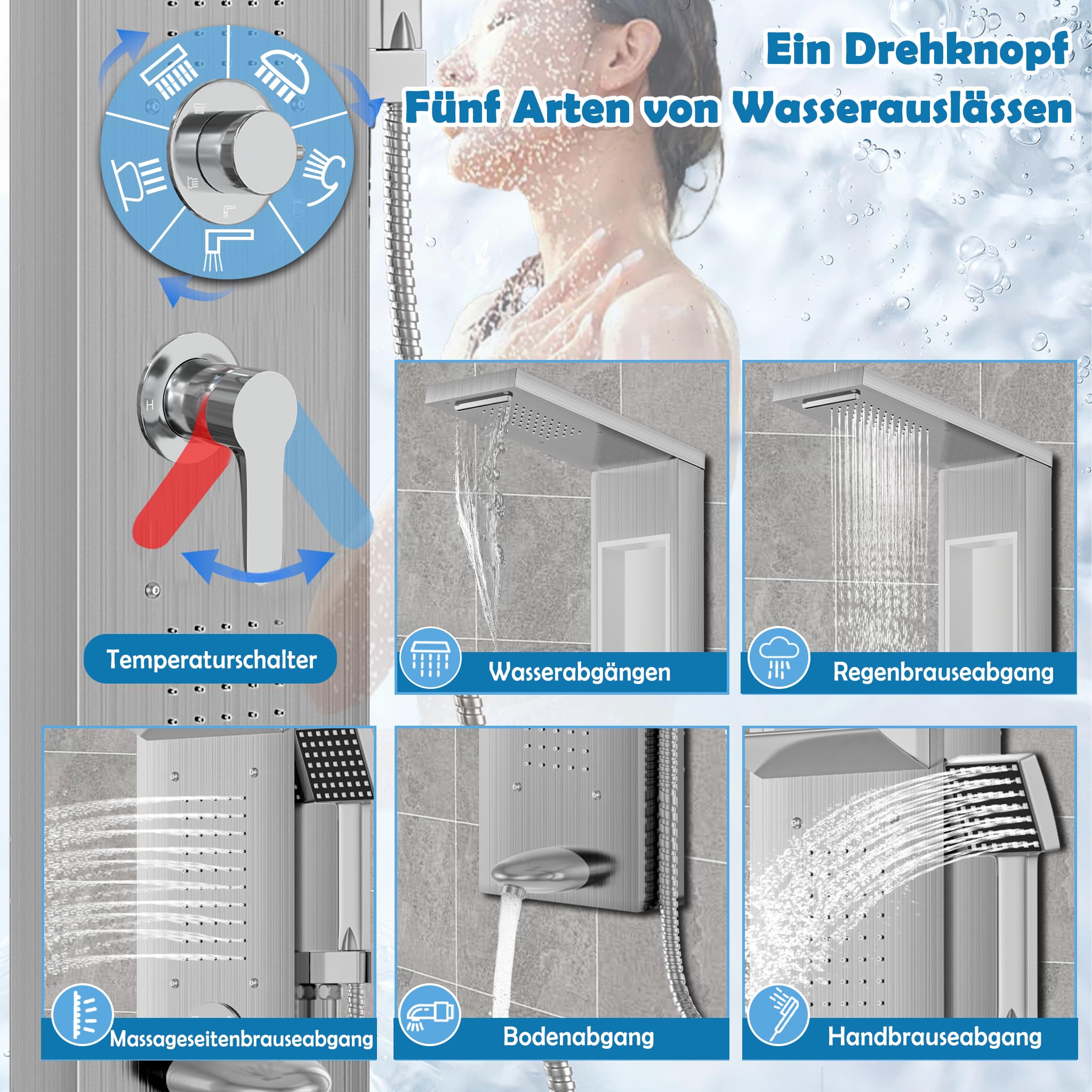 Froadp - Pannello doccia in acciaio inox, sistema doccia a parete con 5 funzioni: doccia a pioggia, con doccetta, doccia massaggiante, doccia a cascata, set doccia completo a colonna (argento)