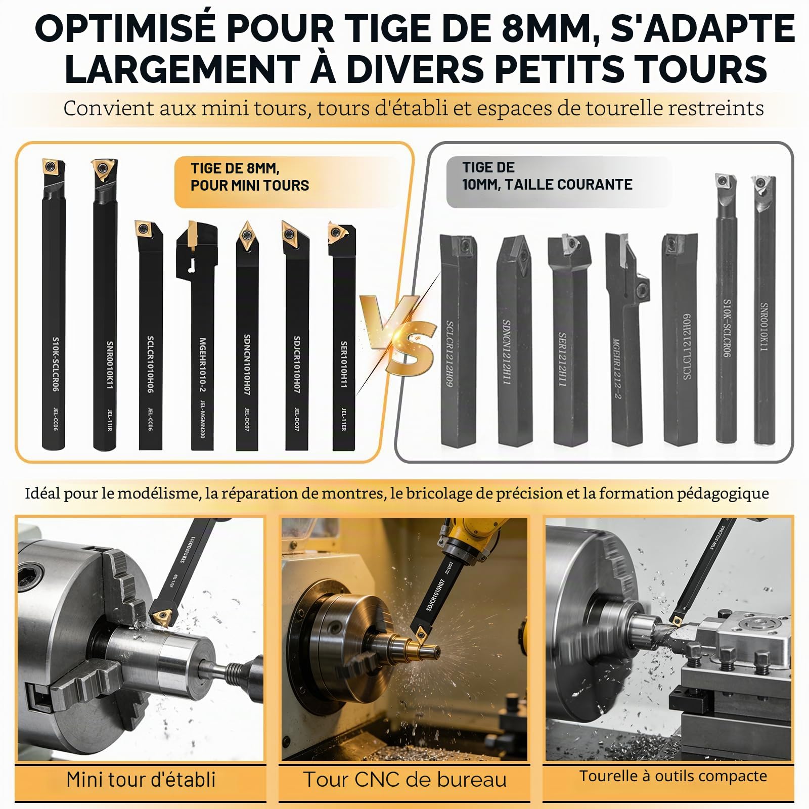 28 Pièces 8mm Outils de Tournage, Outil Tour à Métaux avec 7 Barres à Aléser, 14 Inserts en Carbure et 7 Clés, Adapté au Tournage, à La Rainurage, au Filetage et à l'alésage sur Mini Tours Metaux