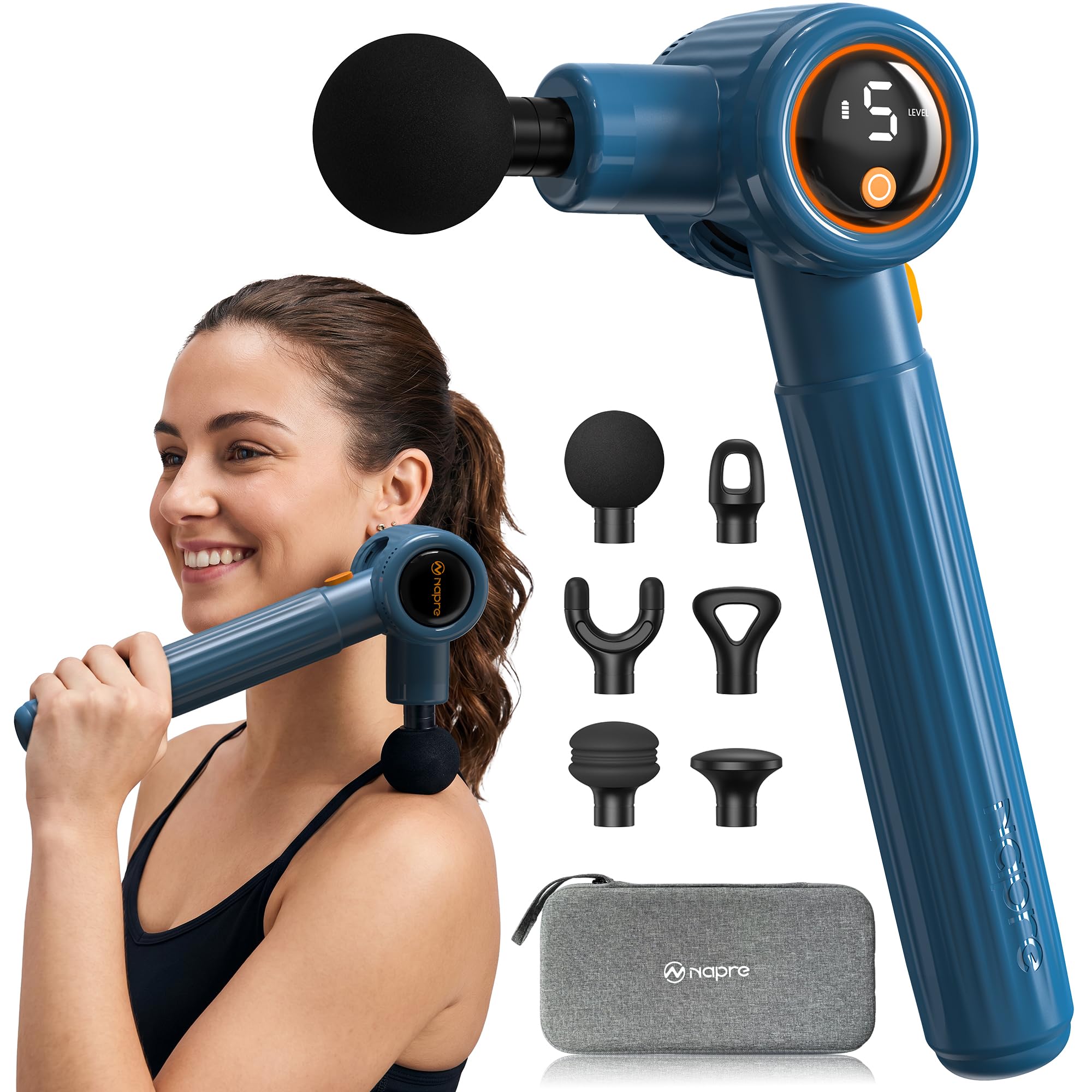 Pistola de Masaje Muscular,Napre Pistola Masaje Muscular con Mango Largo y 3 ángulos Ajustables,Massage Gun Pistola Masajeadora,6 Cabezales y Pantalla LED,Masajeador Muscular Cervical y Espalda,Azul