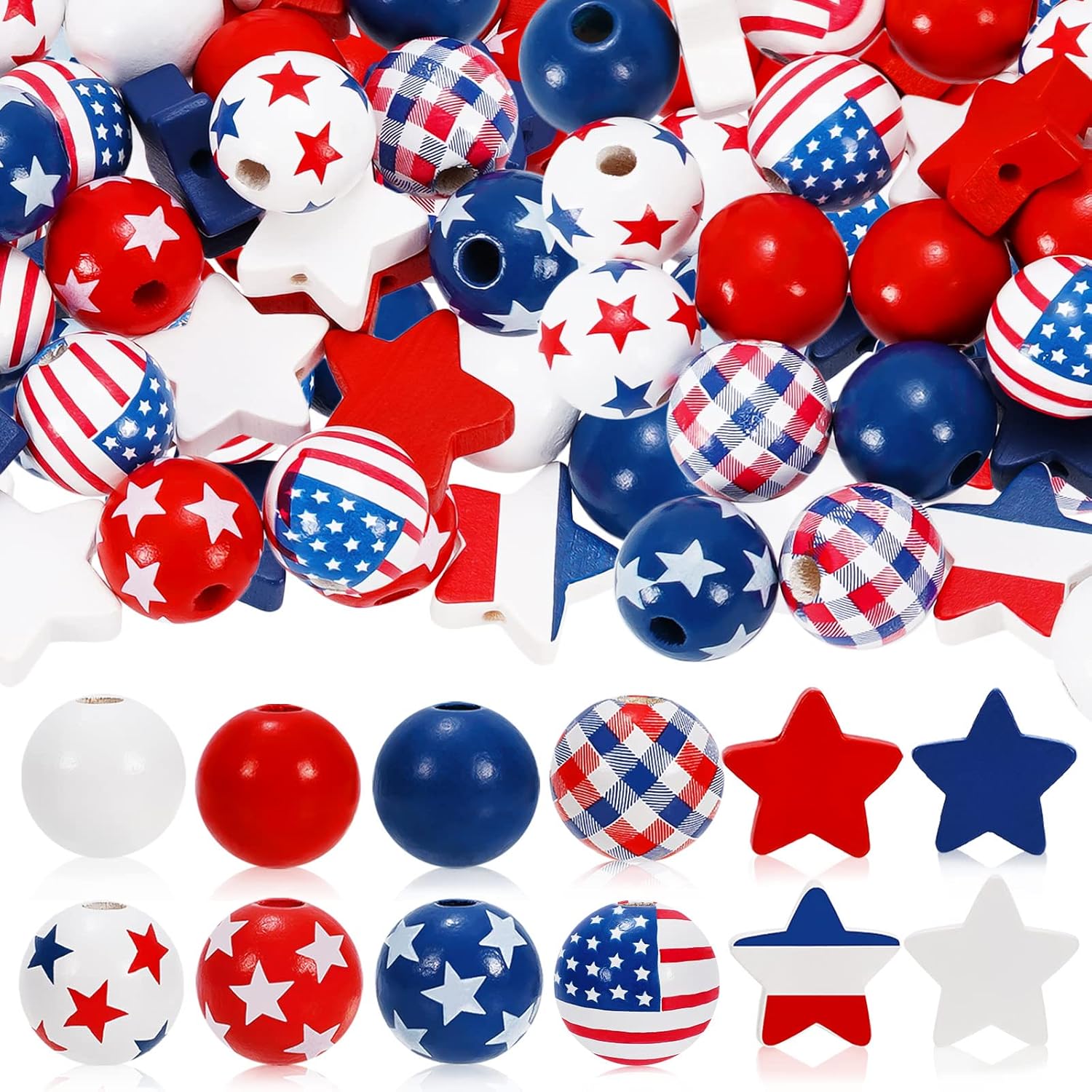 Whaline 200 Pcs 4th of July Patriotic Wooden Beads Red Blue White Star American Flag Plaid Craft Beads with String for Independence Day Memorial Day DIY Craft Garland Tiered Tray Fireplace Home Decor