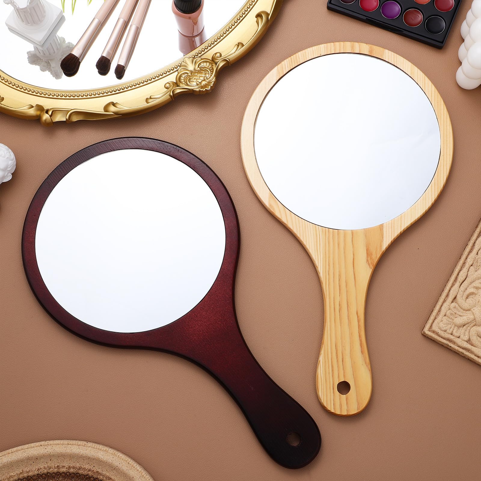 HEMOTON Petit Miroir à Main, 2pcs, Miroir de Poche Vintage, Bois et Verre, Miroir de Poche avec poignée, pour Salon de beauté et Rasage