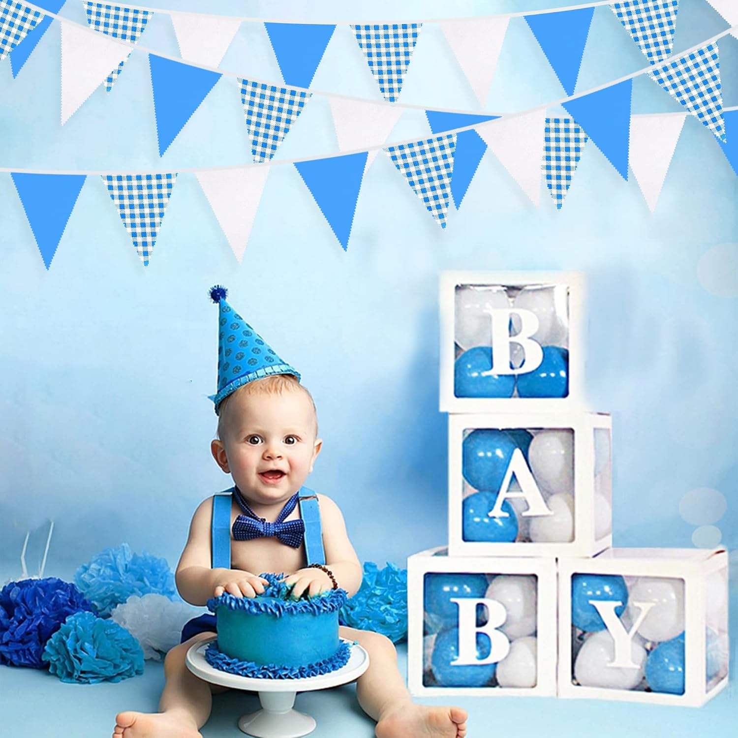 32Ft Blue Party Decorations Blue Buffalo Plaid Checkered White Triangle Flag Gingham Pennant Bunting Fabric Garland for Picnic Racing Car BBQ Birthday Wedding Carnival Party Outdoor Home Garden Decor image 3