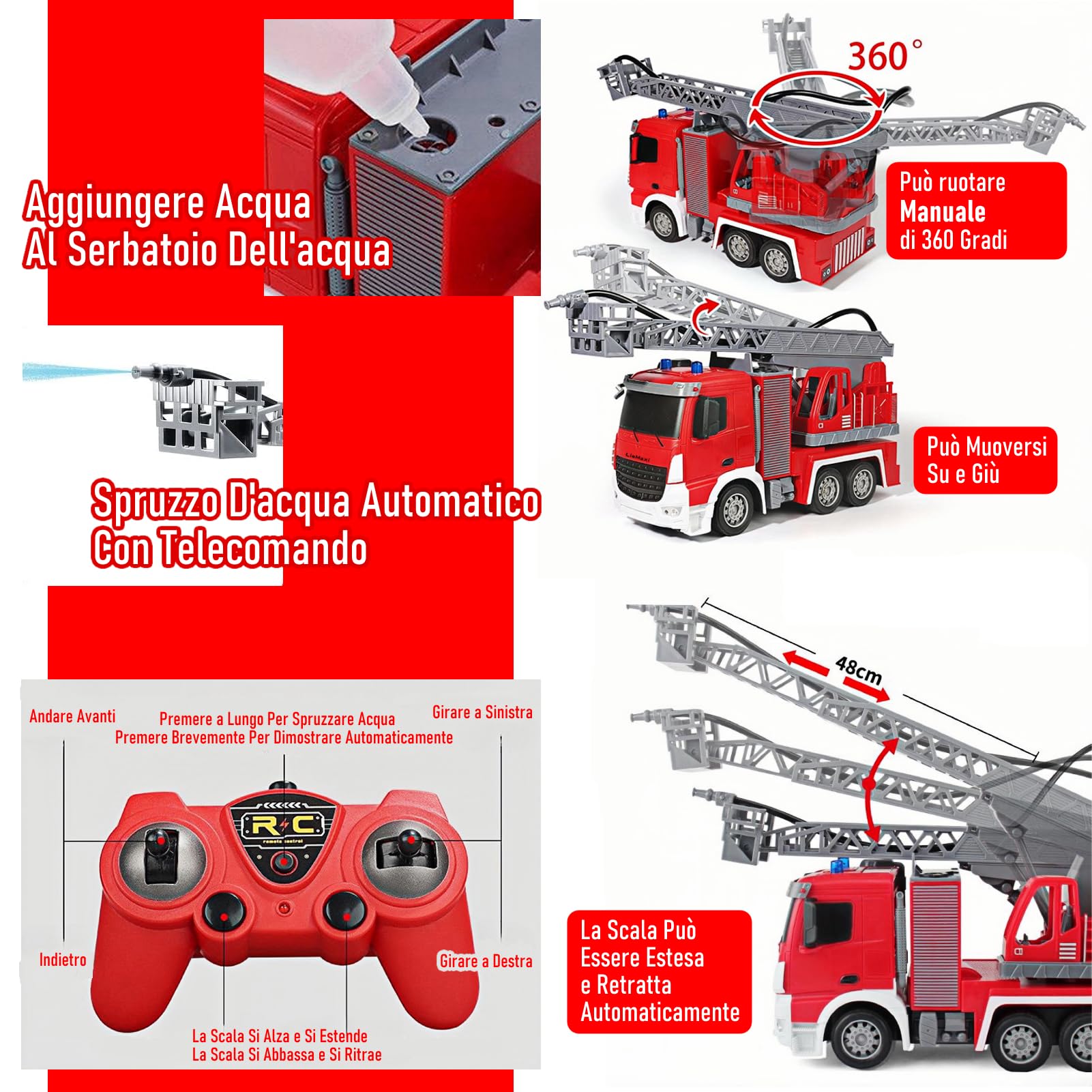 Scala 1:24 telecomandata Giocattolo camion pompieri,con pompa spruzzatrice d'acqua, Camion pompieri radiocomandato con scala estensibile e luci, Scala girevole Manuale, Ricaricabile,Rosso