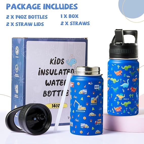 2 Pack Kids Water Bottle,14 Oz Stainless Steel Water Bottle with Straws, Leak-Proof, BPA-Free, Insulated Water Bottles for School Boys & Girls|Blue Car + Blue Dinosaur