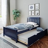 Max & Lily Blue Twin Bed Frame with Trundle for Kids - Solid Pine Wood, Slatted Headboard, 400lb Capacity