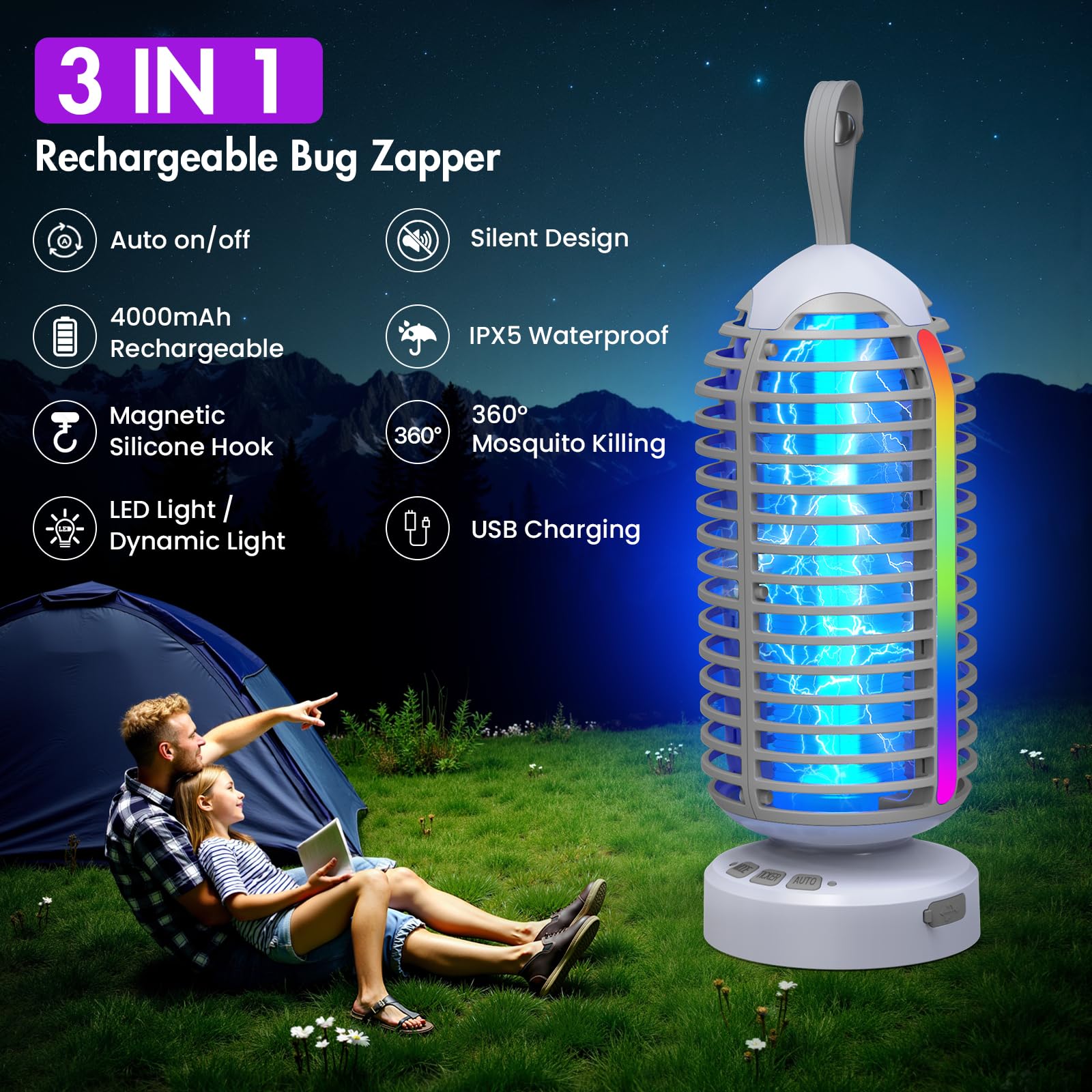 Kabelloser Insektenvernichter für drinnen und draußen, mit bunter Beleuchtung und Auto-Sensing, tragbar, wiederaufladbar, kabellos, für Camping, Terrasse, Garten, Küche, 4000 mAh Akku, elektrische