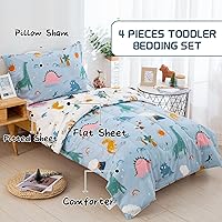 Vista 3 de DJY Juego de ropa de cama de algodón de 4 piezas, juego de edredón de dinosaurio para niños y niñas, incluye edredón reversible azul y blanco