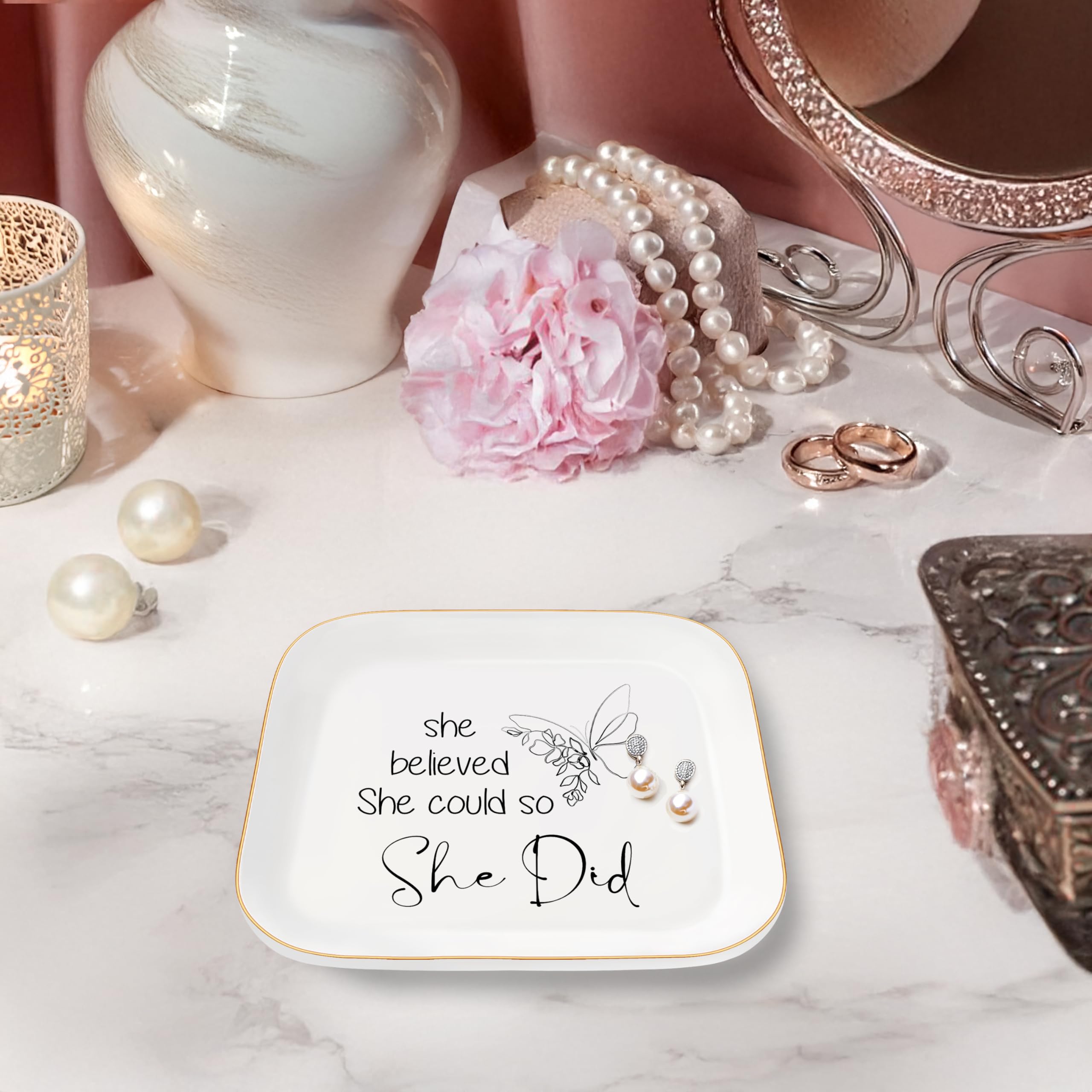 Congratulations Gifts for Women, College Graduation Gifts for Her New Job Gifts - She Believed She Could Jewelry Tray Ceramic Trinket Dish Inspirational Promotion Gift for Coworker