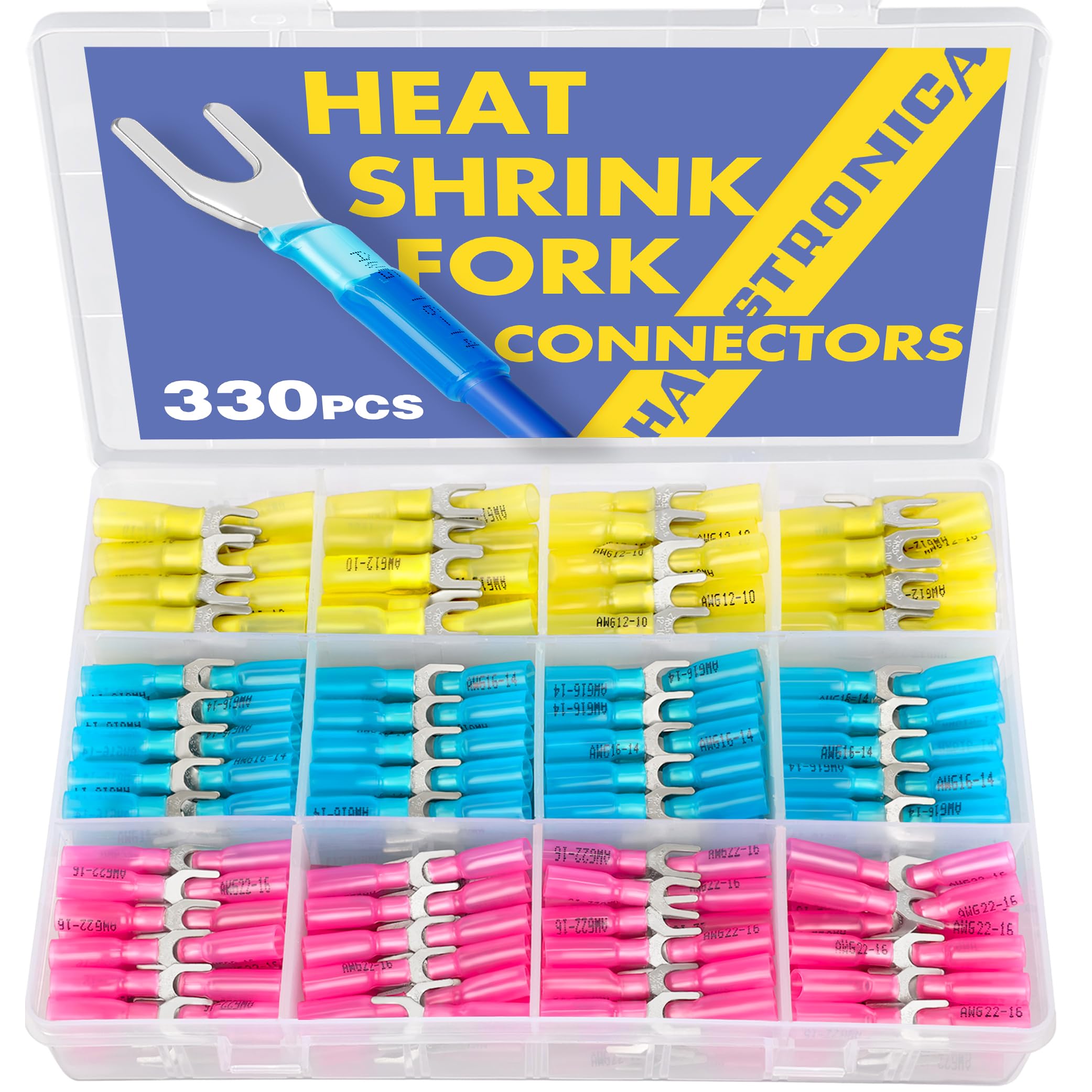 330PCS #10 Marine Grade Heat Shrink Fork Connectors,22-10 Gauge Tinned Copper Crimp Connectors Fork Terminals,Insulated Electrical Fork Connectors(3Colors/3Size)