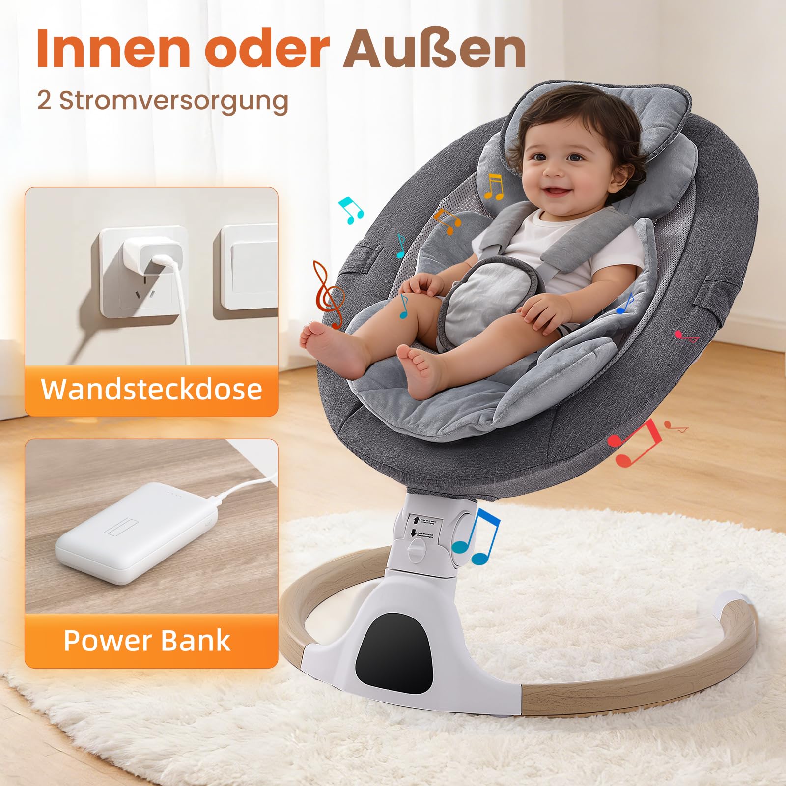 Babywippe Elektrisch, 0–6 Monate, max. 9 kg, Tragbares Neugeborenes Babyschaukel Indoor mit Bluetooth, 5 Schwenkgeschwindigkeiten, 3 Winkellage, Fernbedienung & Touch Panel Grau