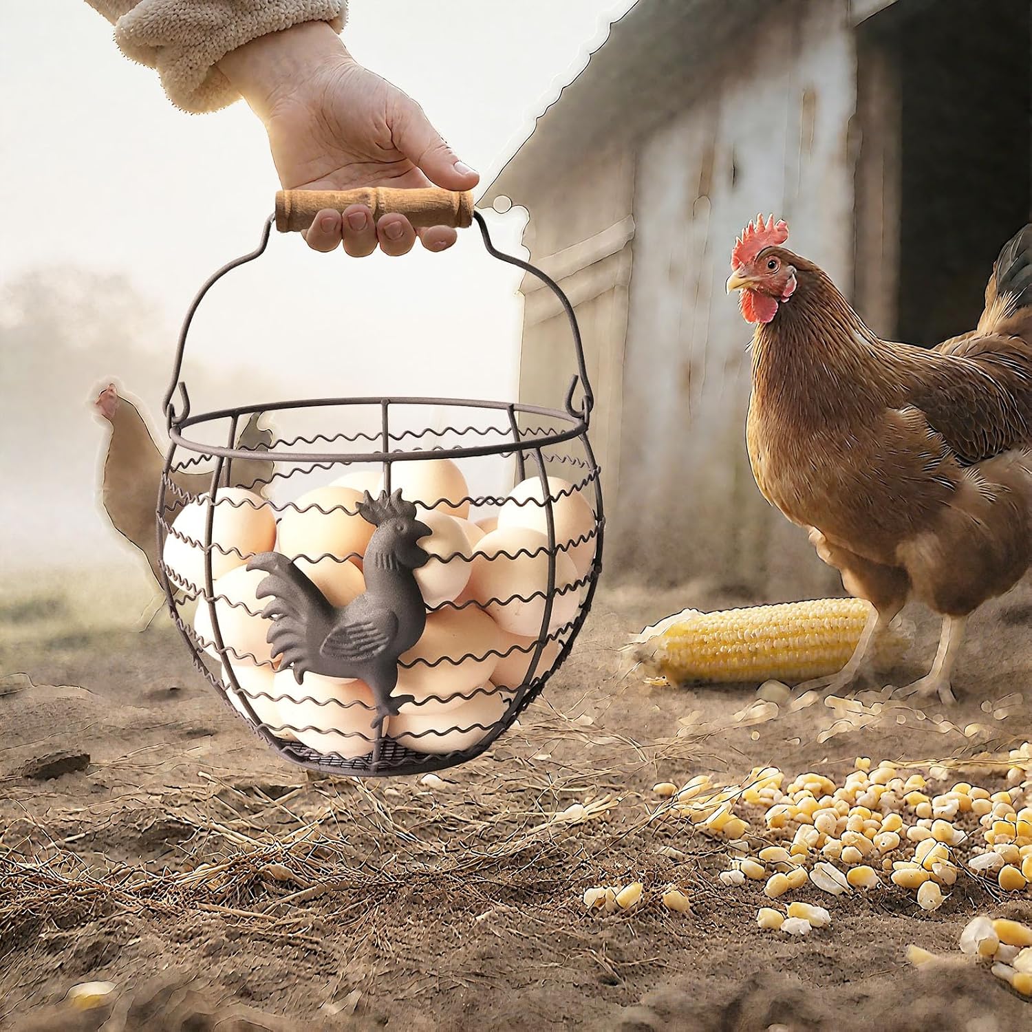 Wire Egg Basket for Gathering Fresh Eggs, Rustic with Rooster & Wood Handle