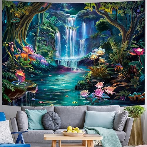 Miniatura 1 de Generleo Tapiz de bosque con diseño de hongos, flores, galaxia, cascada, colorido, floral, plantas, tapiz de pared, tapiz estético de fantasía,