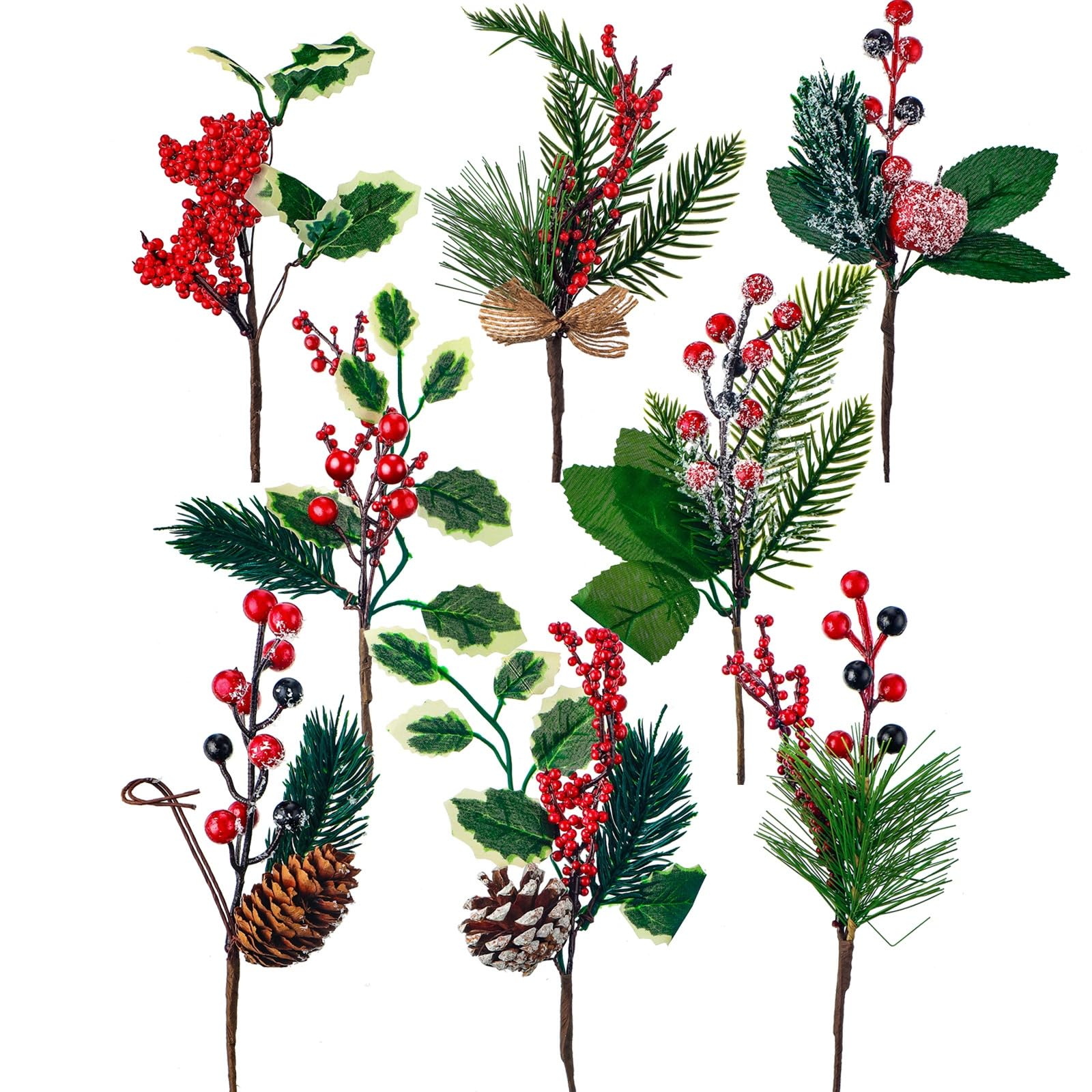 WILLBOND Picchetti di bacche rosse artificiali di Natale, rami di bacche di pino, agrifoglio, pino innevato, pigne finte per Natale, artigianato, feste, decorazioni per la casa, 20,3 cm, steli