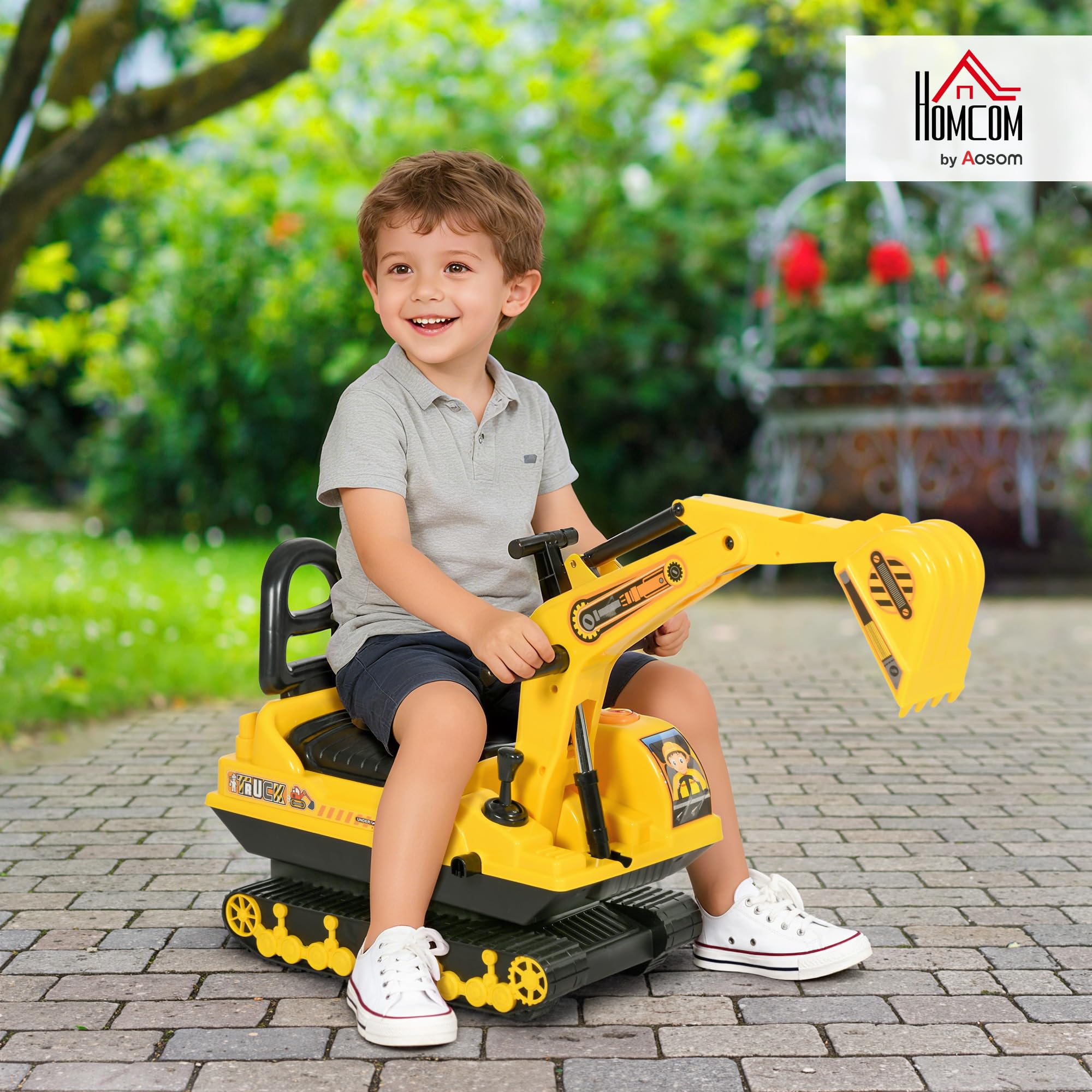 HOMCOM Excavadora sin Pedales para Niños de 18-48 Meses Excavadora Correpasillos Camión de Construcción con Asiento de Almacenamiento Pala Delantera y Bocina Carga 30 kg 78x24x58,5 cm Amarillo
