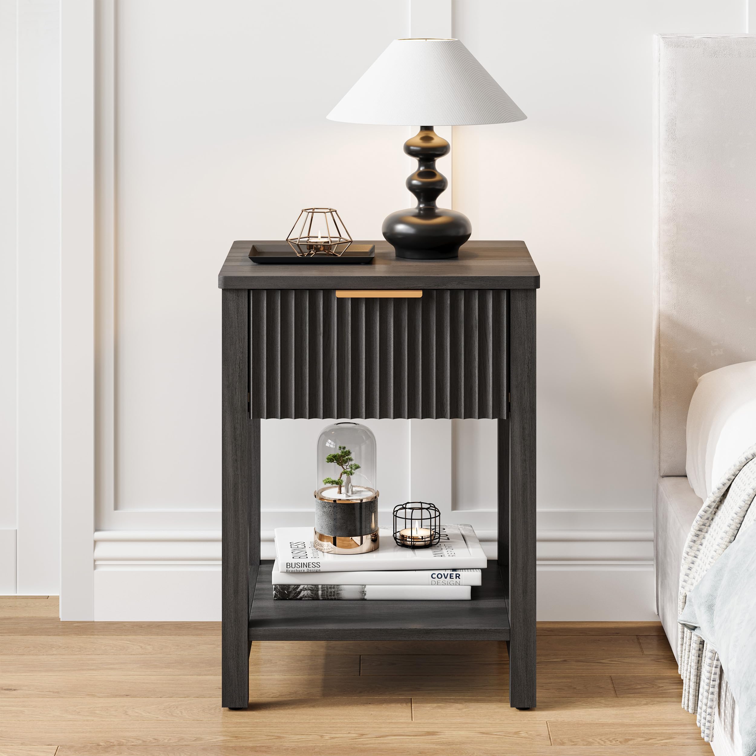 Fluted Nightstands Set of 2 Farmhouse Wood End Table with Drawer Modern Beside Table with Open Storage Shelf
