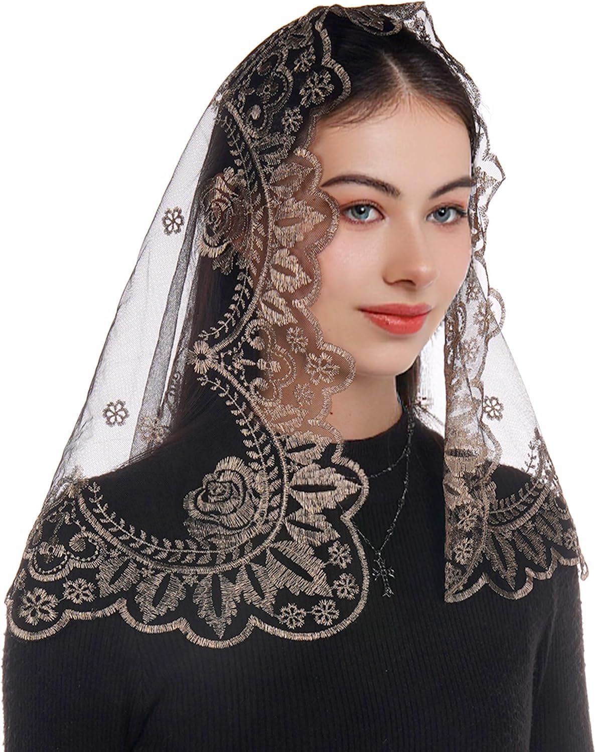 Bozidol Catholic Mantilla Chapel Veils, D Shaped Sacred Heart Embroidery Lace Church Veil Latin Mass Head Coverings for Women