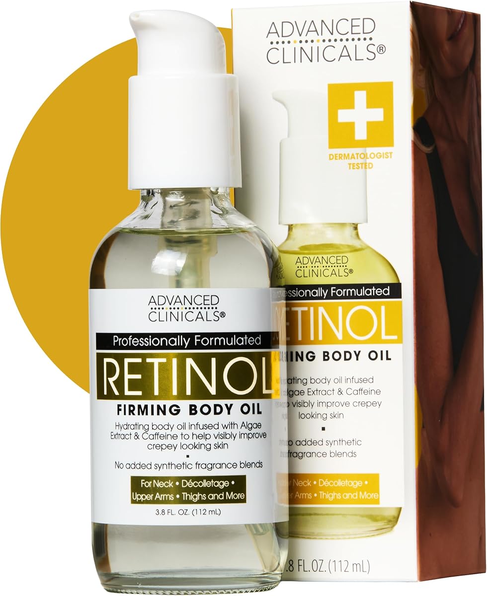Retinol Body Firming Oil | Retinol Body Oil After Shower Moisturizer Targets Look Of Crepey Skin & Wrinkles | Infused With Caffeine, Algae, & Vitamin E, Fragrance Free, 3.8 Fl Oz