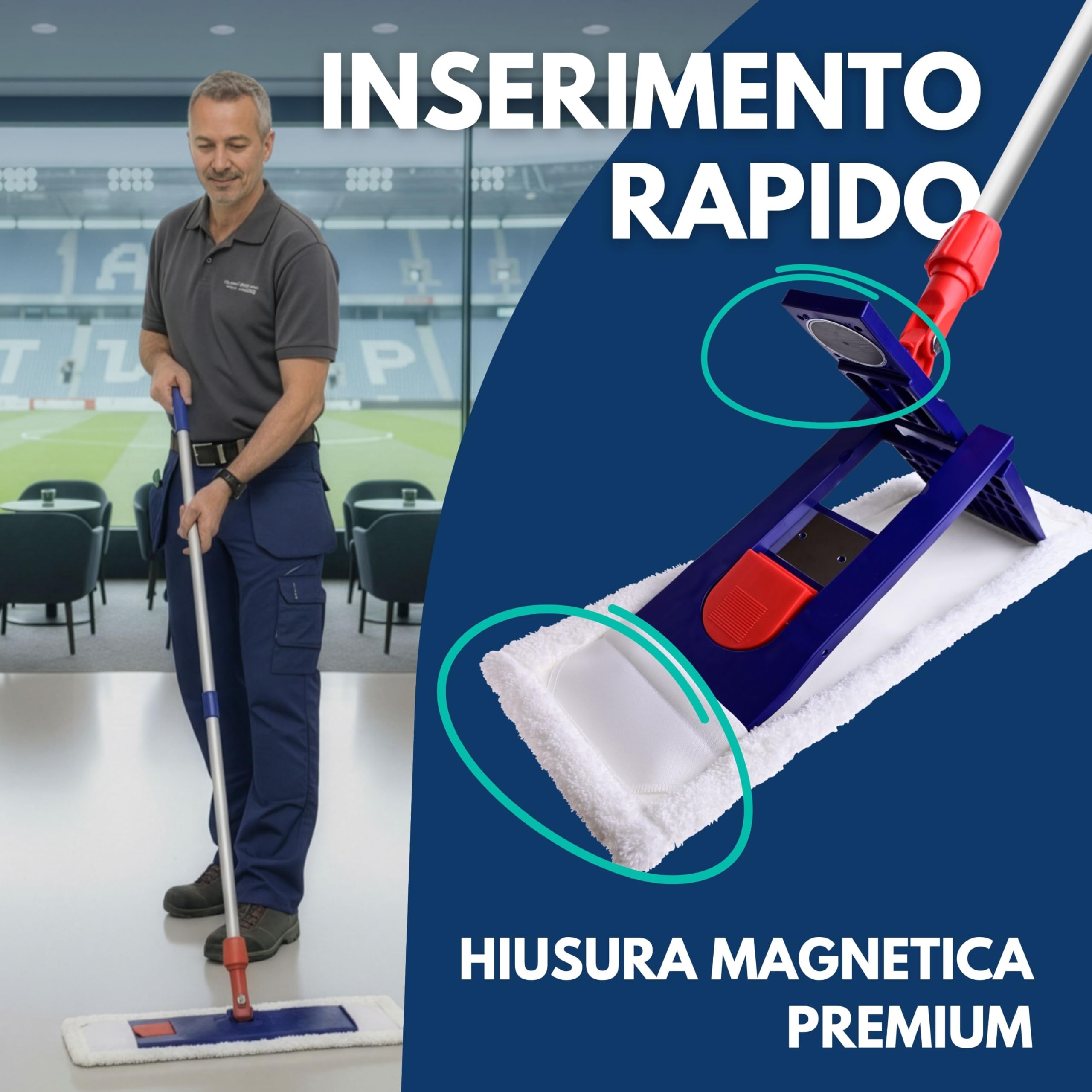 SONTY Set professionale Mocio 50 cm 2 pezzi – Lavapavimenti con supporto magnetico, panno microfibra 50 cm & manico telescopico in alluminio – Per uso professionale, ristorazione & pavimenti duri