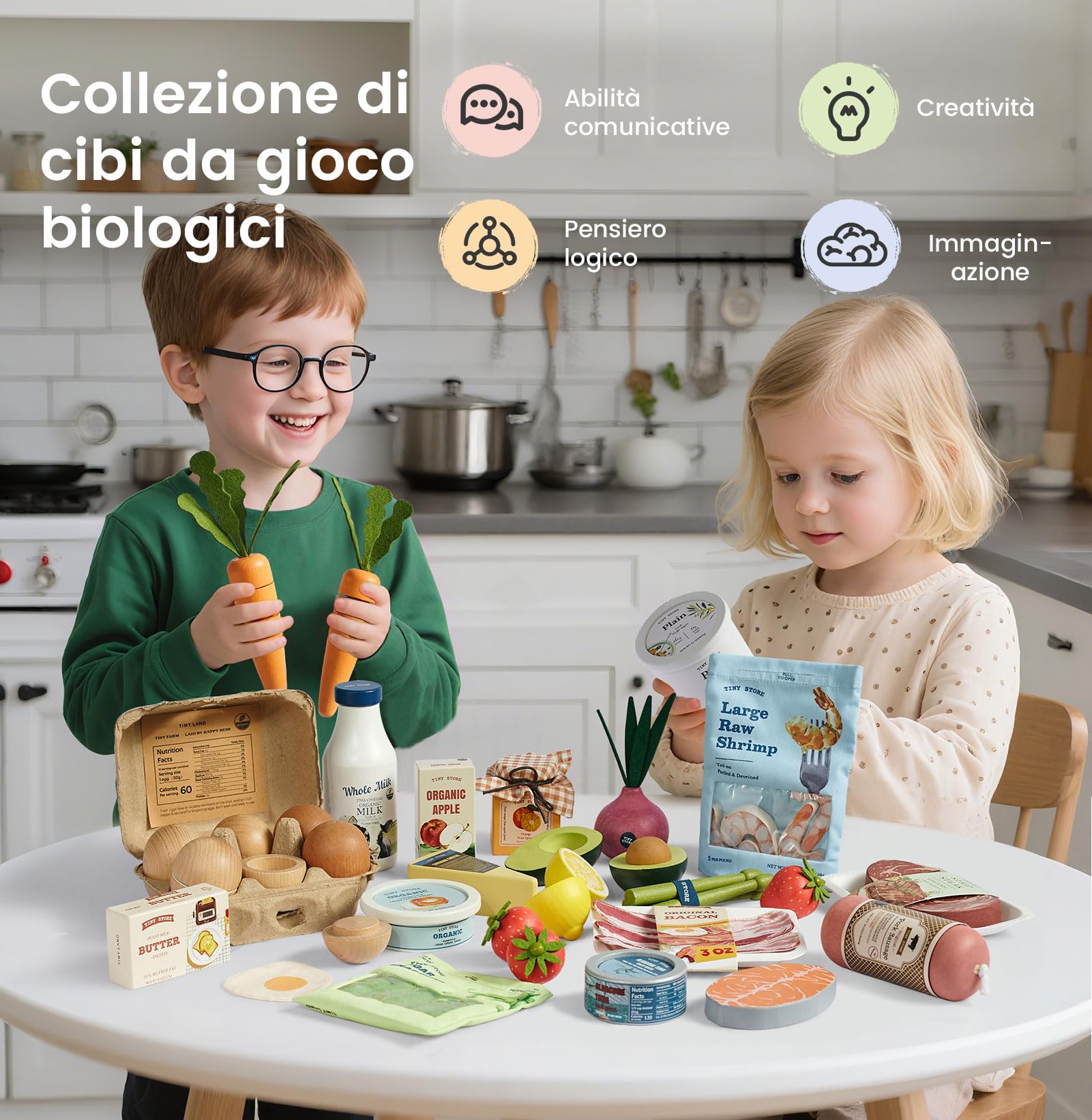 Tiny Land Cibo Giocattolo per Bambini - Set 7 Pezzi Latte e Formaggi, Accessori Cucina Bambini Montessori, Cibo Finto e Giochi Cucina Bambini per Mercato, Idea Regalo 2+ Anni