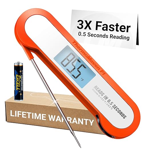 Professional 3X Faster 0.5sec Instant Read Meat Thermometer Digital, High Accuracy ±0.5°F, IP67 Waterproof, Auto Wake/Sleep&Rotate Display, Backlight Fry Oil Candy Thermometer, Orange