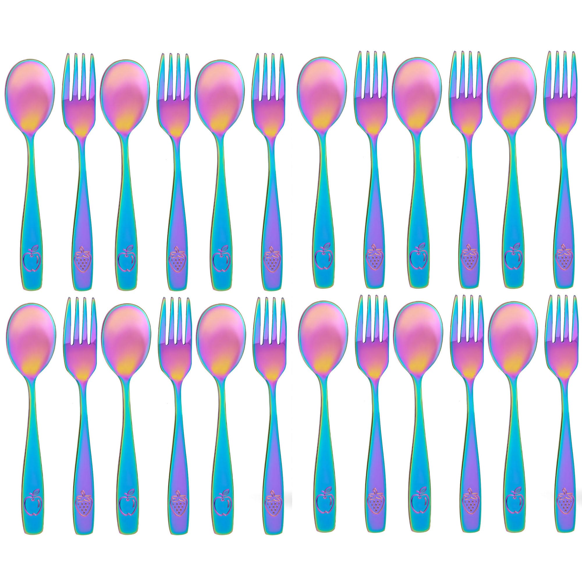 Stainless Steel Kids Silverware Set 24 Pieces (2 Pack of 12) - Child and Toddler Safe Flatware - Kids Utensil Set - Metal Kids Cutlery Set (Includes 12 Small Kids Spoons &amp; Kids 12 Forks, UV Rainbow)