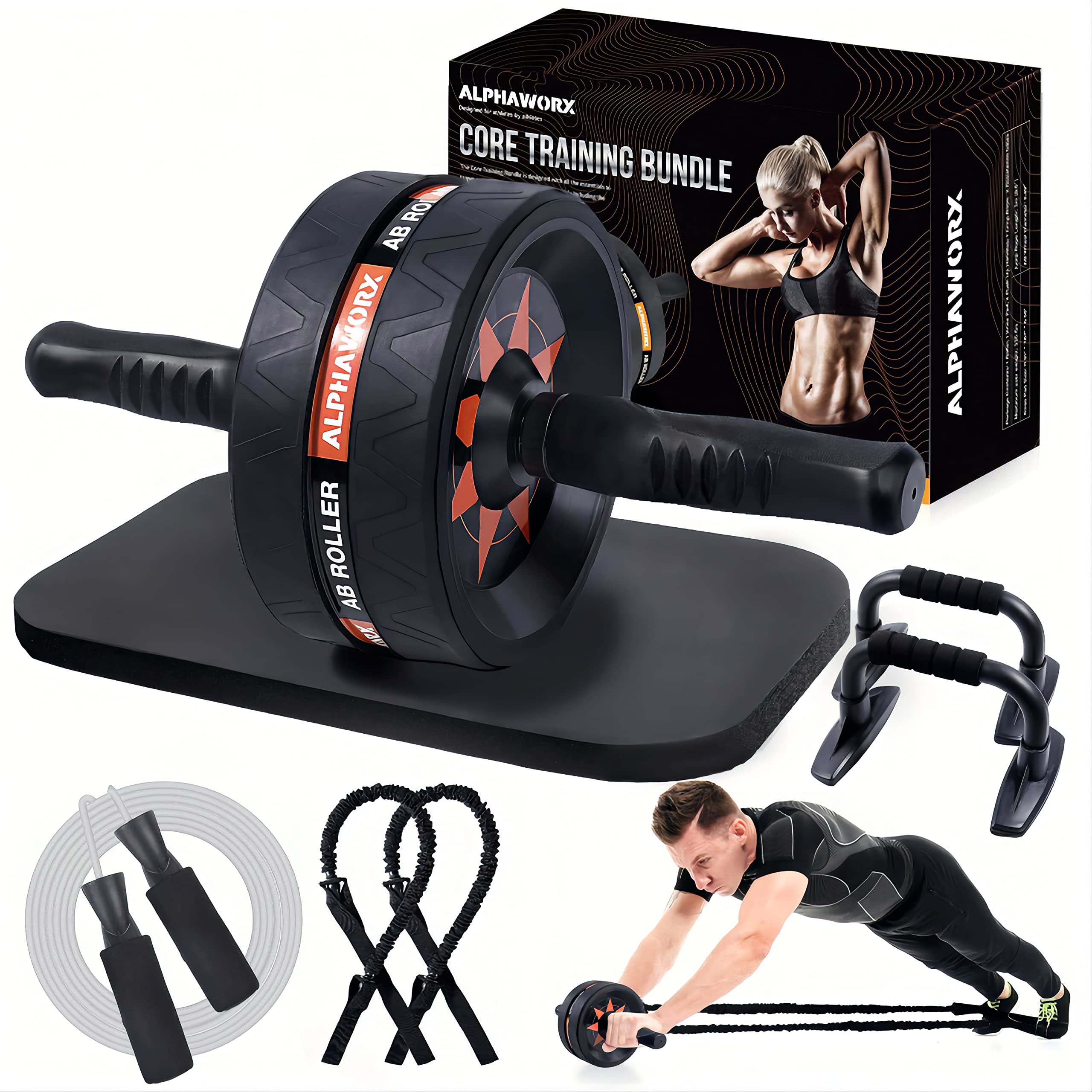 ALPHAWORX 6 in 1 Ab Roller Wheel, Exercise Equipment for Home Workouts Core Strength & Abdominal Muscles, Exercise Wheel with Knee Mat, Resistance Rope, Push up Bar, Jump Rope