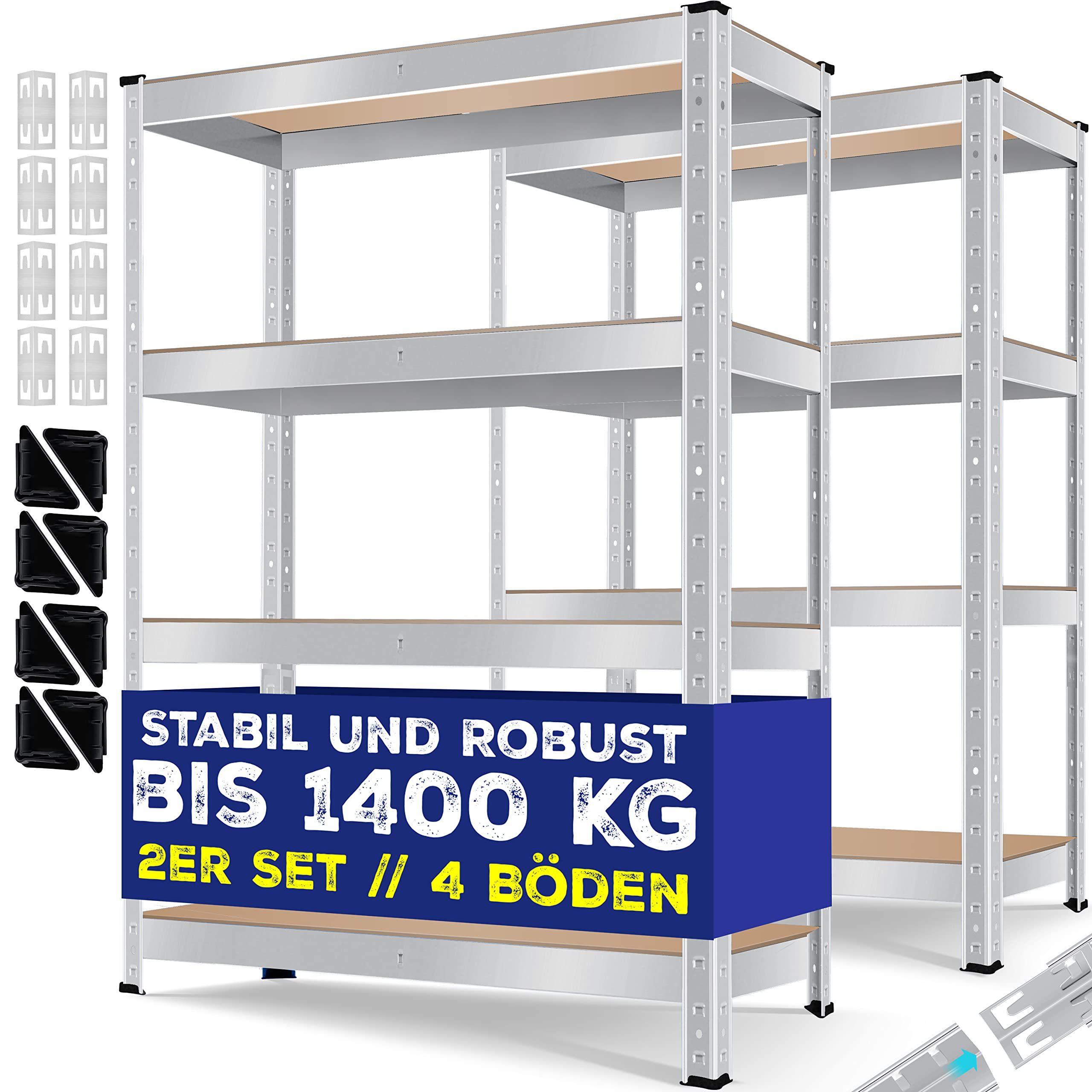 MASKO® 2er-Set Lagerregal Schwerlastregal, Kellerregal, 160 x 80 x 40 cm, bis 700 kg belastbar, 4 verstellbare Ablagen, MDF-Platten Regal aus Metall, Steckregal, Werkstattregal, Keller, Garage Silber