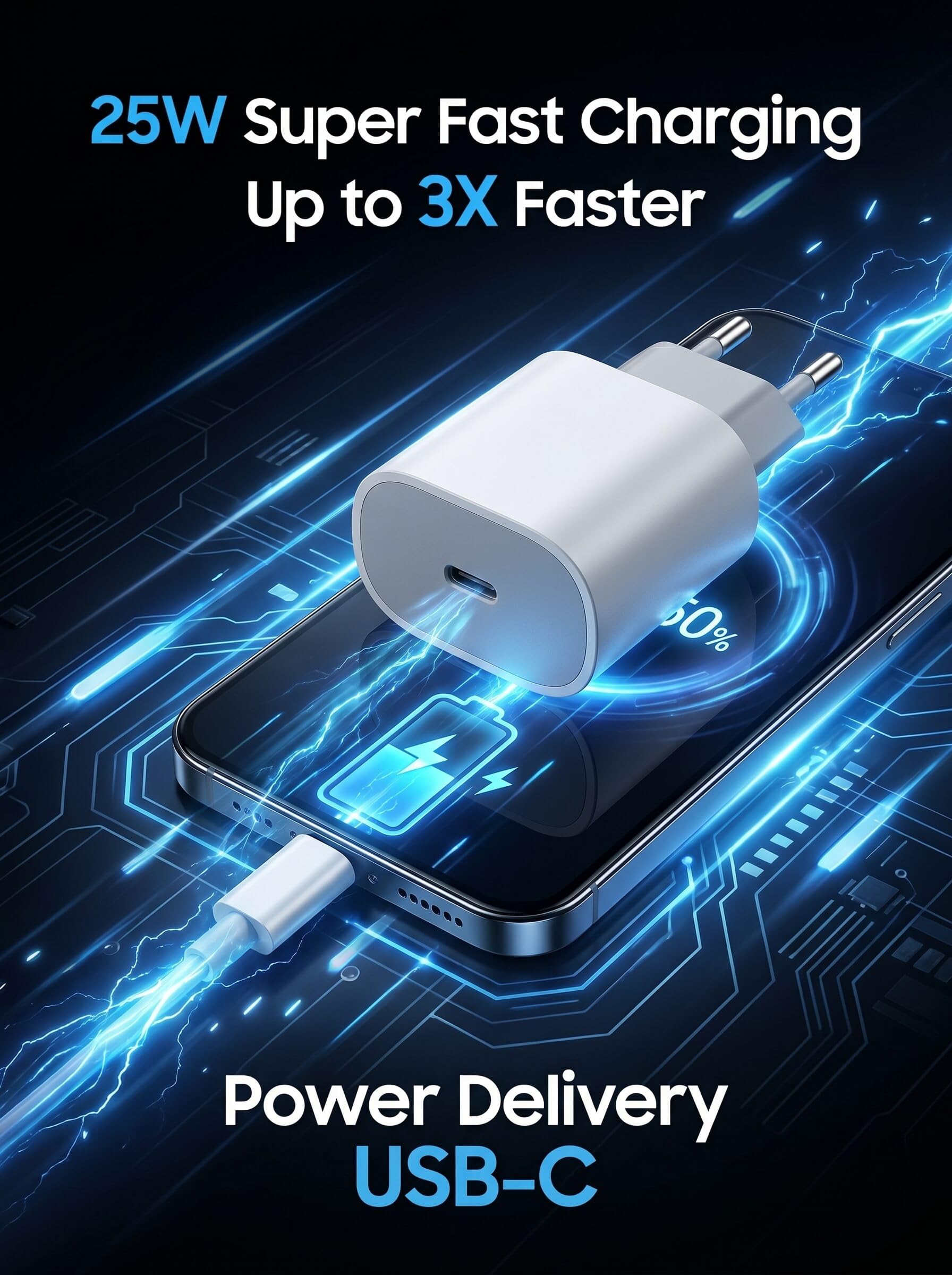 Caricabatterie USB-C da 25 W con cavo 1 m, confezione da 10, ricarica rapida PD/PPS, bianco compatto, compatibile con iPhone (17/16/15), Samsung Galaxy (S25/S24/S23/S22), Google Pixel, Huawei