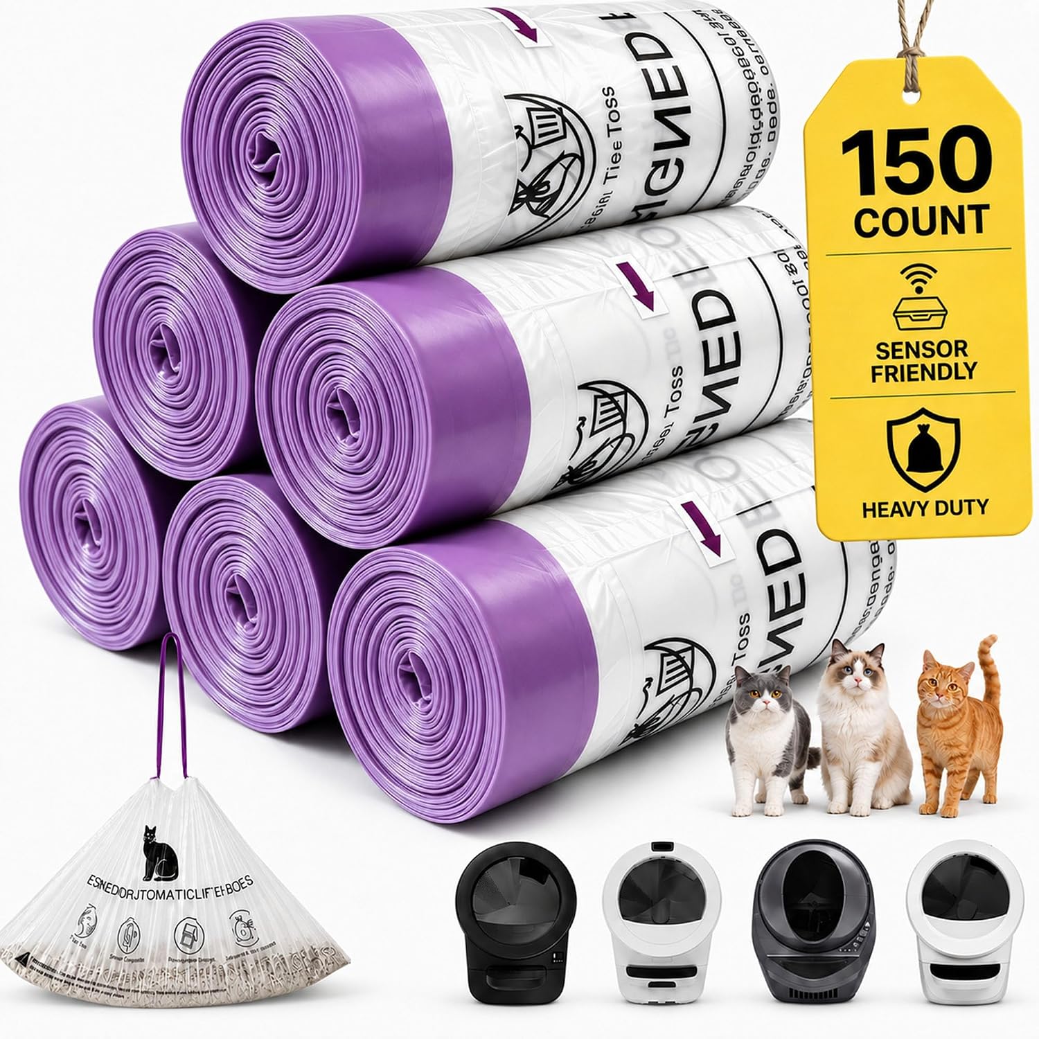 150 Count Litter Box Robot 5/4/3/EVO Waste Bags, Automatic Litter Box Liners, Transparent Sensor-Friendly Drawstring Cat Litter Bags, Heavy Duty Tear Resistant, Pre-Separated, 25.2 x 15.7 In