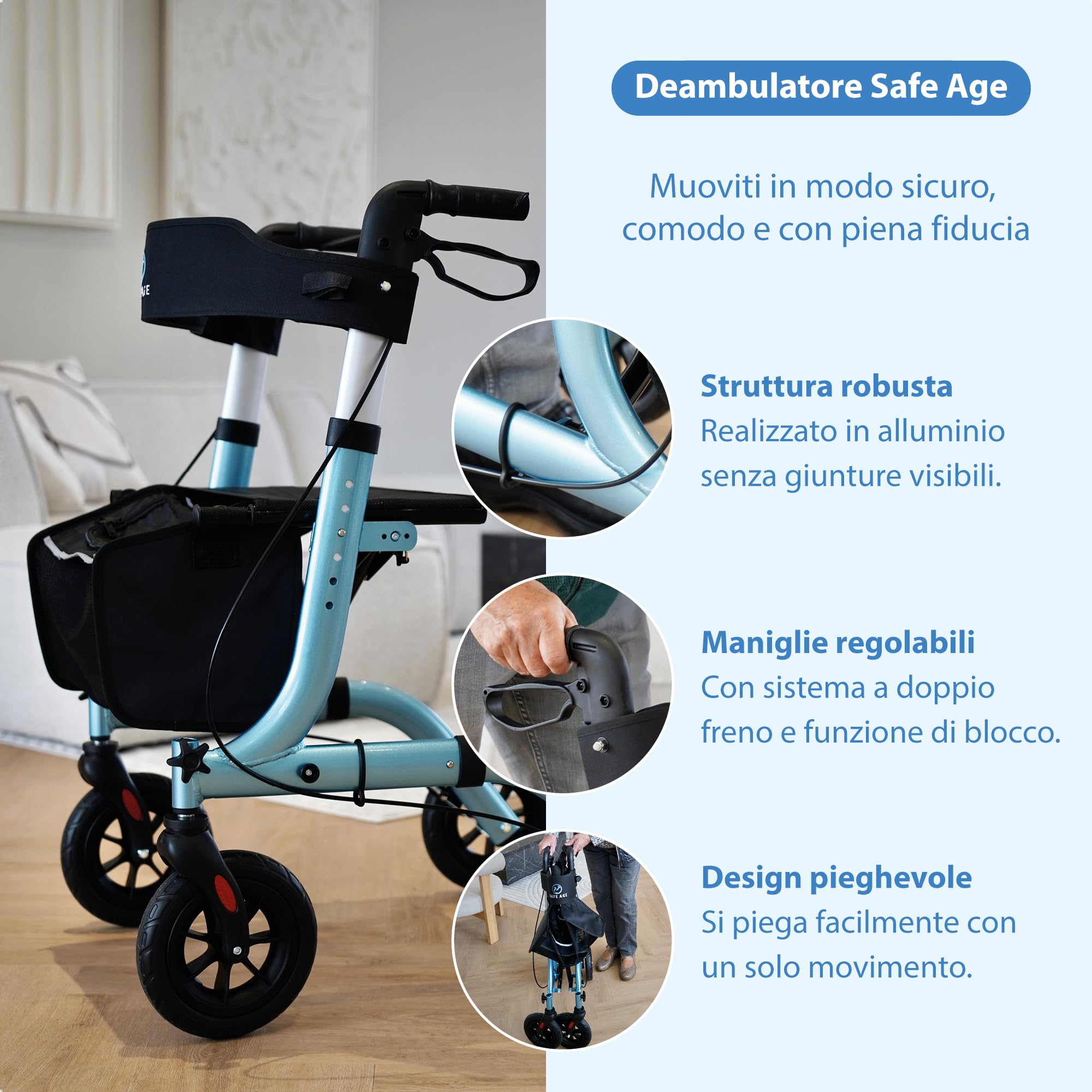 Safe Age Deambulatore con Seduta Ultraleggero - Girello Pieghevole per Anziani per Uso Interno ed Esterno con 4 Ruote, Schienale e Porta Bastone
