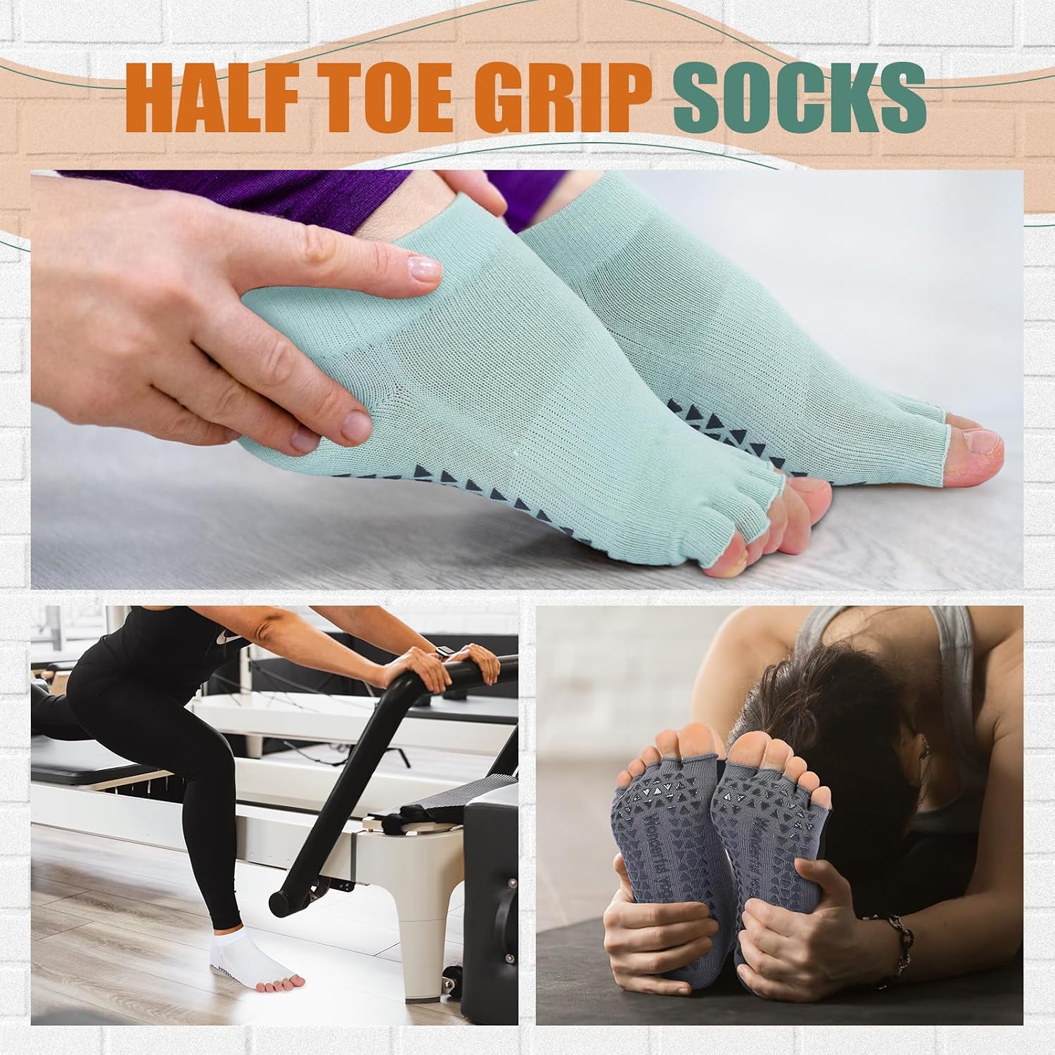 Jeyiour 7 Pairs Yoga Pilates Socks Toeless with Grips Non Slip Yoga Open Toe Pedicure Split Toe Socks for Women