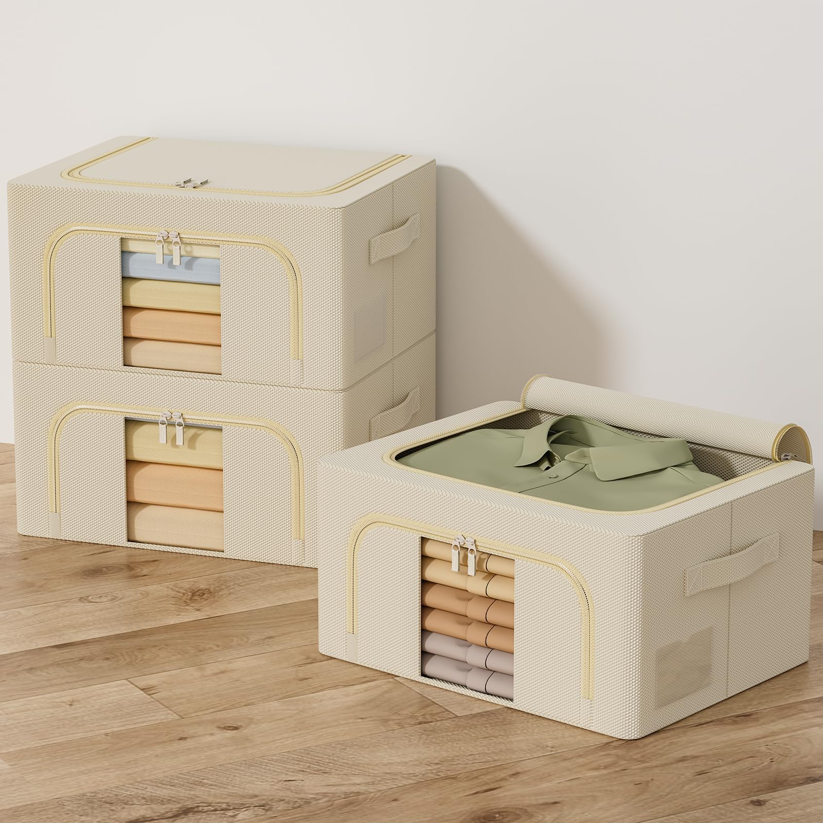 GoMaihe 3 Piezas Cajas Almacenaje Ropa - Material de tela Oxford Bolsas Para Guardar Ropa Plegable con Asa Reforzada y Ventanas Transparentes Adecuado para el almacenamiento diario de ropa (24L Beige)