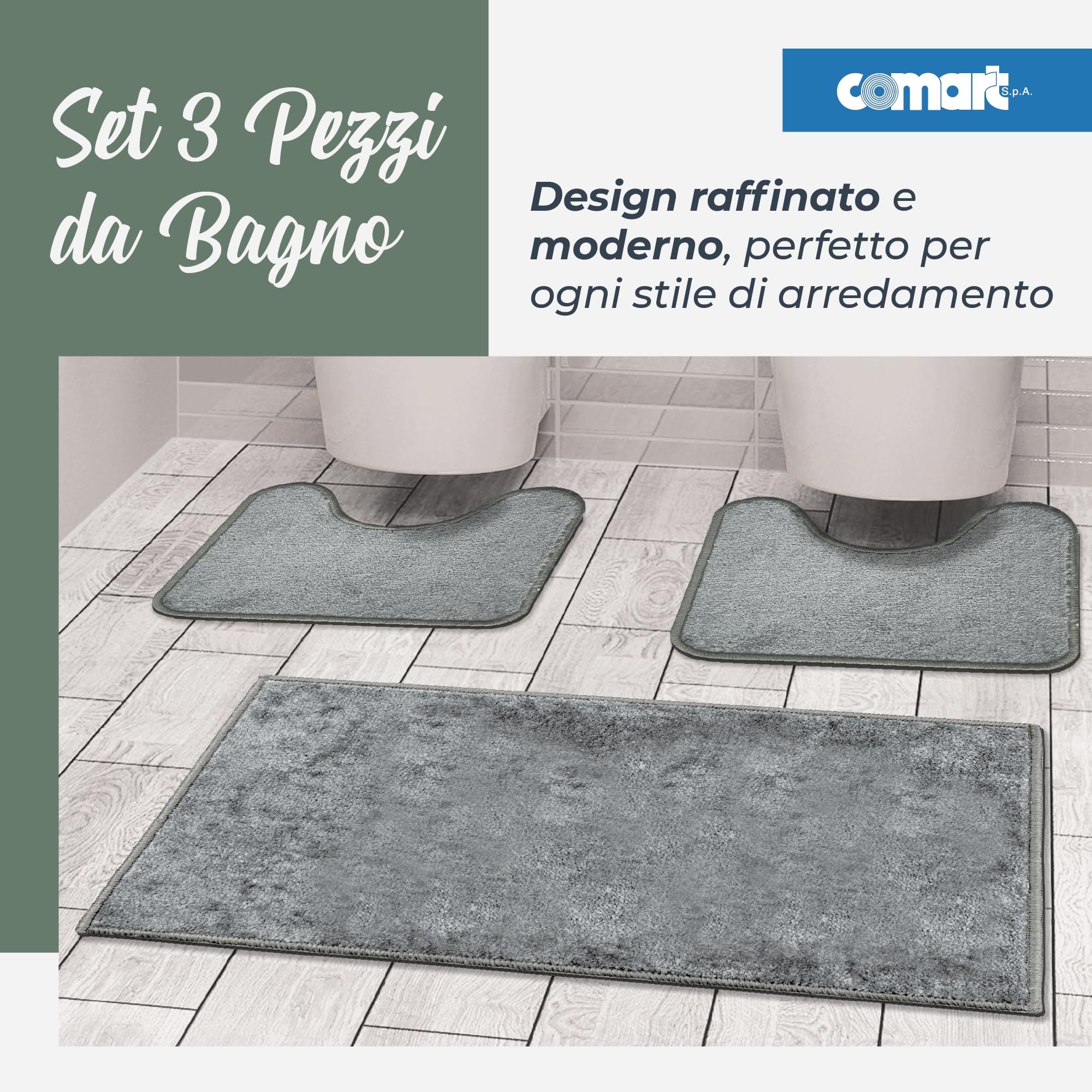 Comart - Ensemble Tapis Bain Ocean - 3 Pièces Antidérapantes - Gris