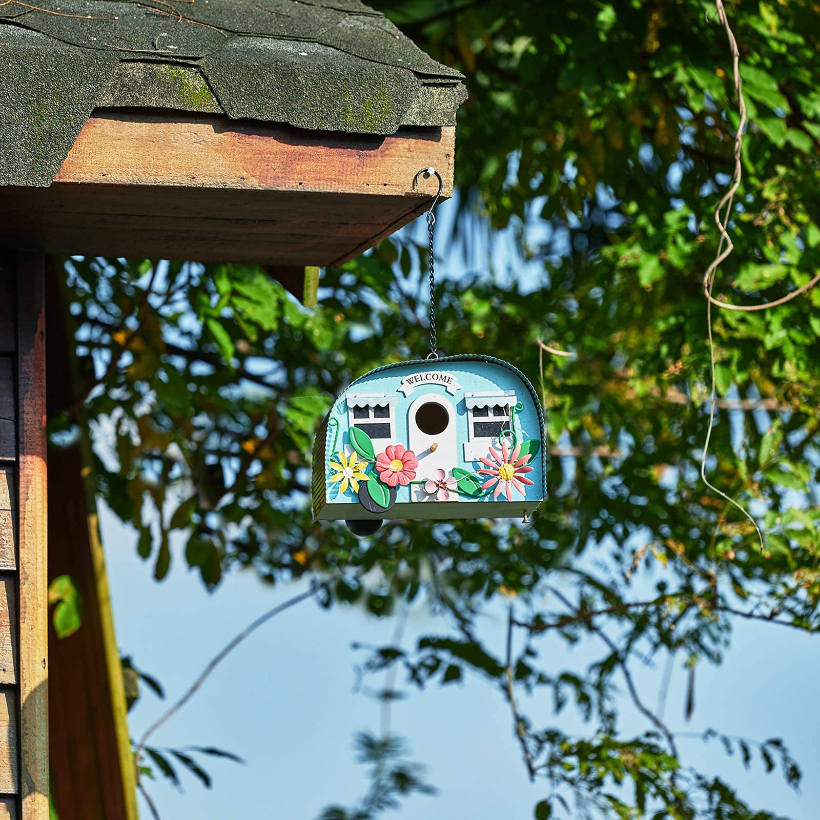 BAYN Vogelhäuser für Außen Deko mit 10 LEDs Solar-Lichterkette Kolibri-Häuser für Außen Hängende Handarbeit Vogelnest Garten Dekor Outdoor