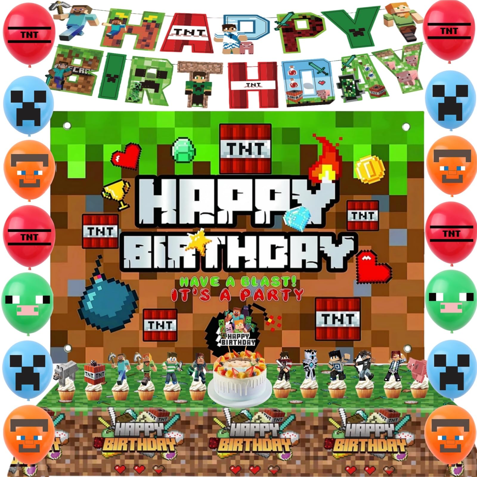 Pixel Birthday Party Supplies, Pixel Game Style Banners, Backdrops, Tablecloths, Balloons, Pixel Cake and Cupcake Toppers, Pixel Party Decorations