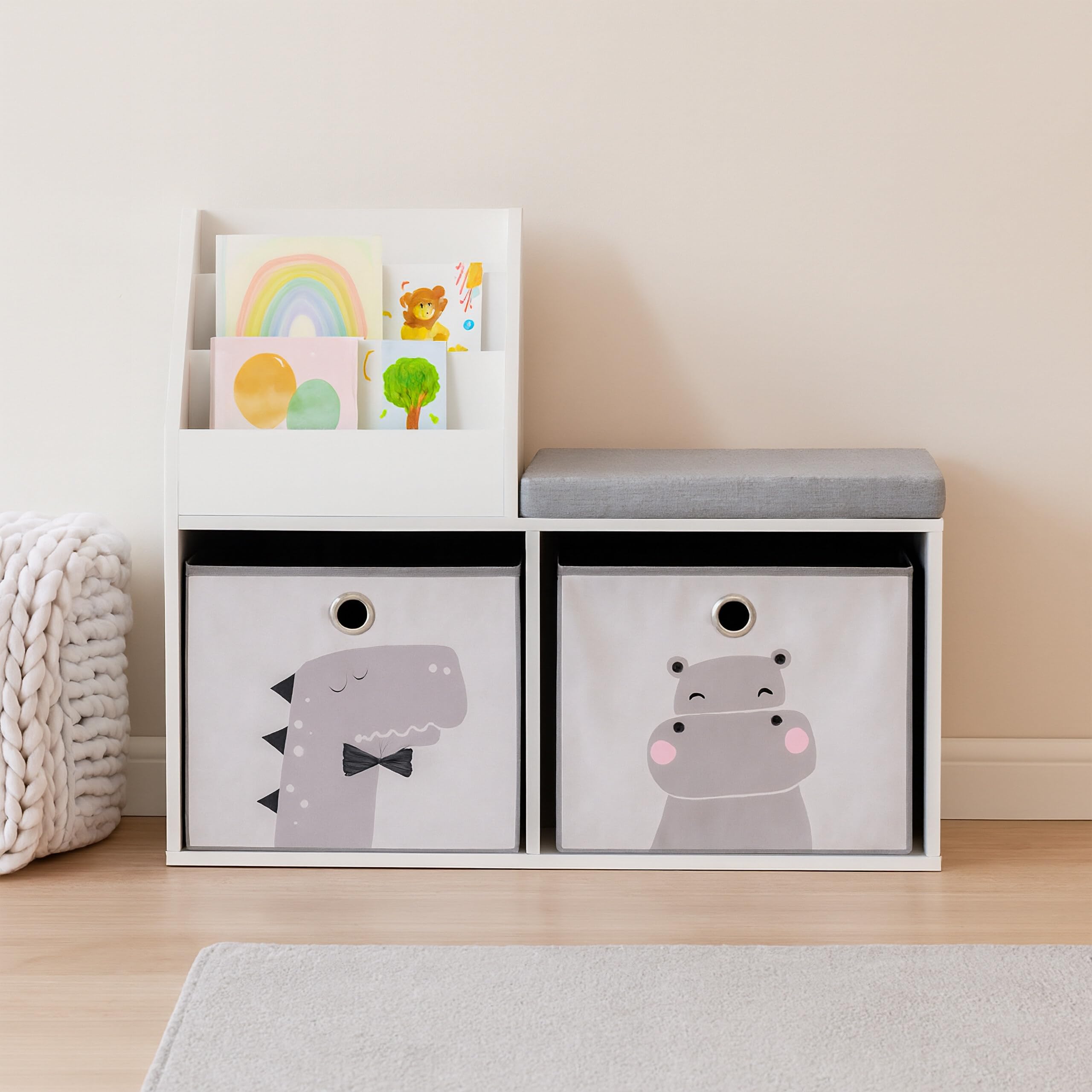 Panca per Bambini Relaxdays con Spazio per riporre, HLP: 72 x 79 x 31 cm, 2 scatole Pieghevoli, libreria, Bianco/Grigio