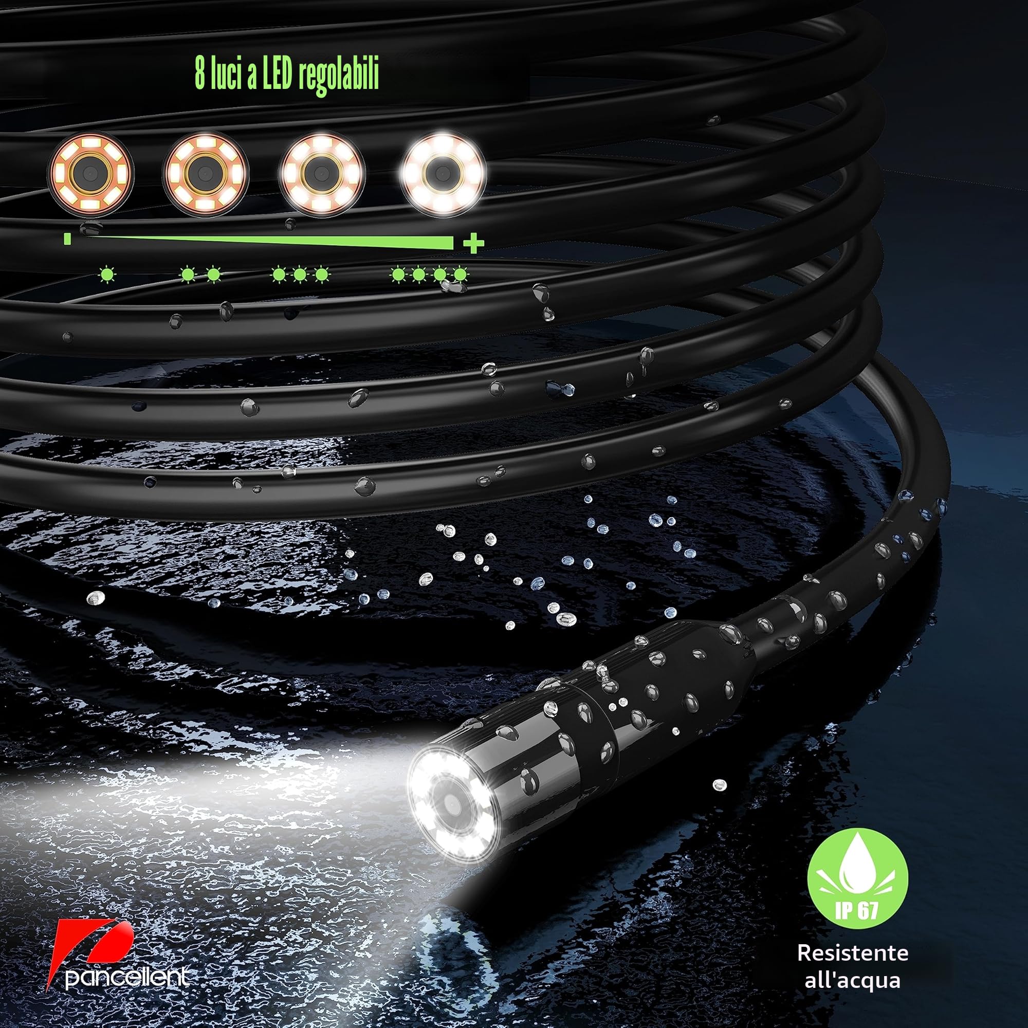 Telecamera Endoscopica Con Luce,Serpente Di Ispezione Pancellent 1920P, Con Display a Colori HD,Periscopio Industriale Impermeabile con 8 luci LED Regolabili,Telecamera Fognaria Con Cavo Semirigido 5M