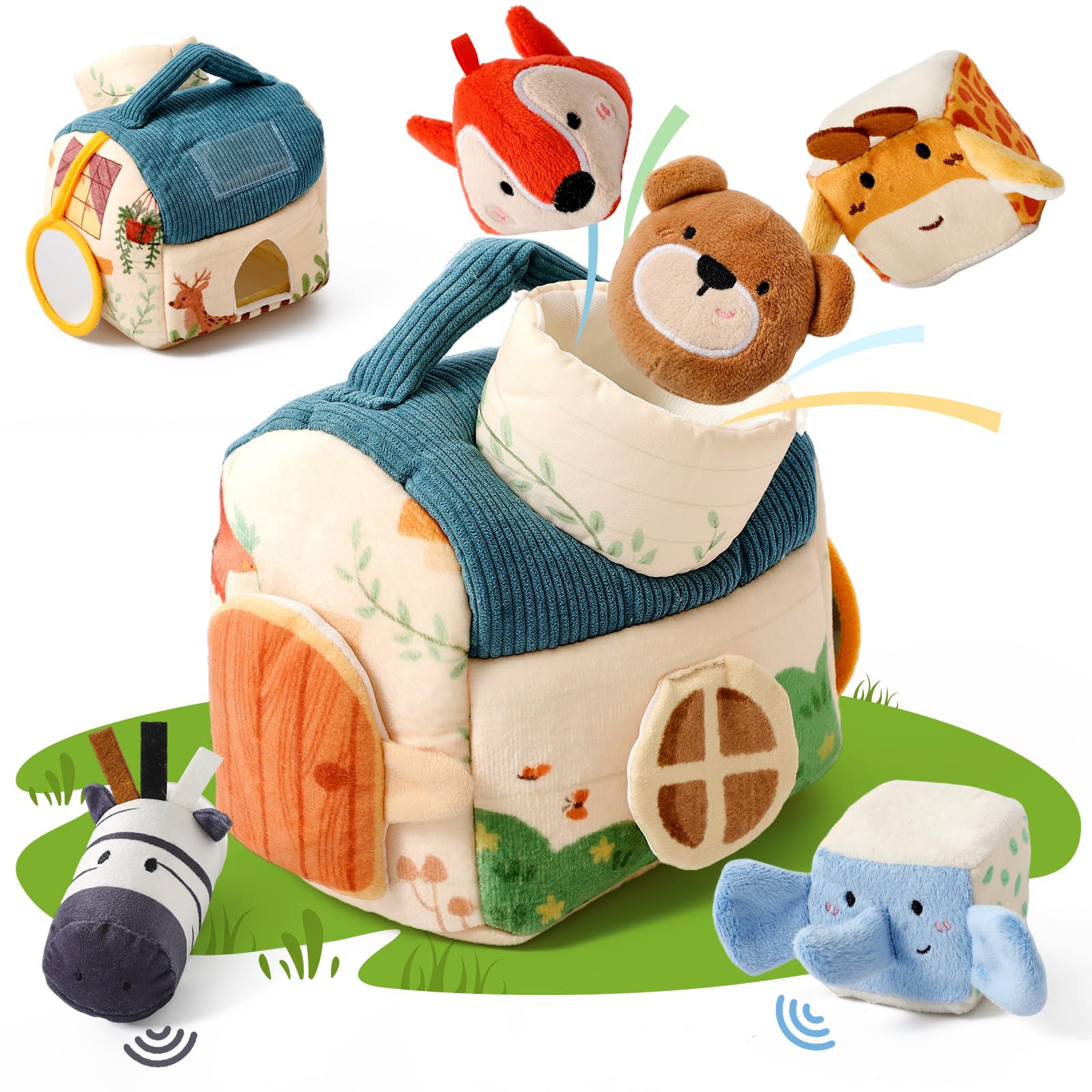 Giocattoli per Bambini 4 6 12 18 Mesi, Giocattolo Montessori Casa Fattoria Sensoriale con 5 Animali, Giocattolo Motorio, Sonagli, Giochi Educativi con Effetti Fruscianti Regalo per Ragazzi e Ragazze