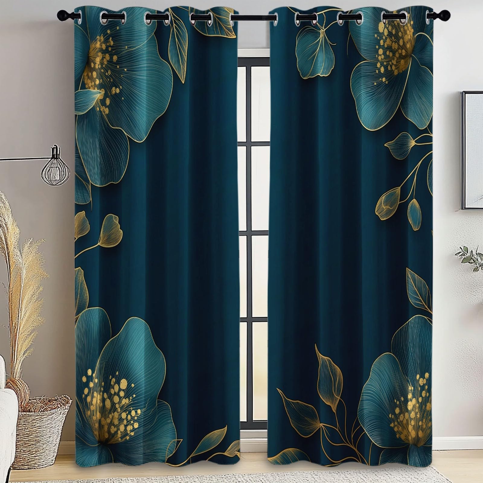 Rideaux Isolants 110L X 215H cm (2 Panneaux), Design Fleurs Modernes Cadre Tenture Opaque Anti-Chaleur pour Chambre Principale, Bleu Or