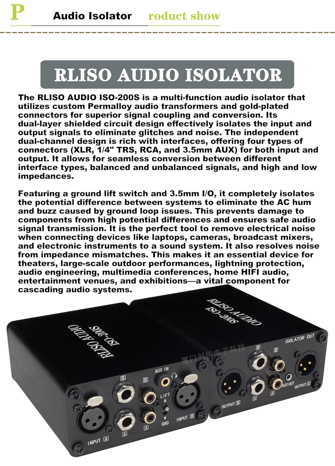 Audio Isolator Noise Filter, 2-Channel Passive Ground Loop Hum Eliminator Balanced/Unbalanced Converter with XLR, 1/4" TRS, RCA, and 3.5mm AUX I/O for Studio/HiFi Systems