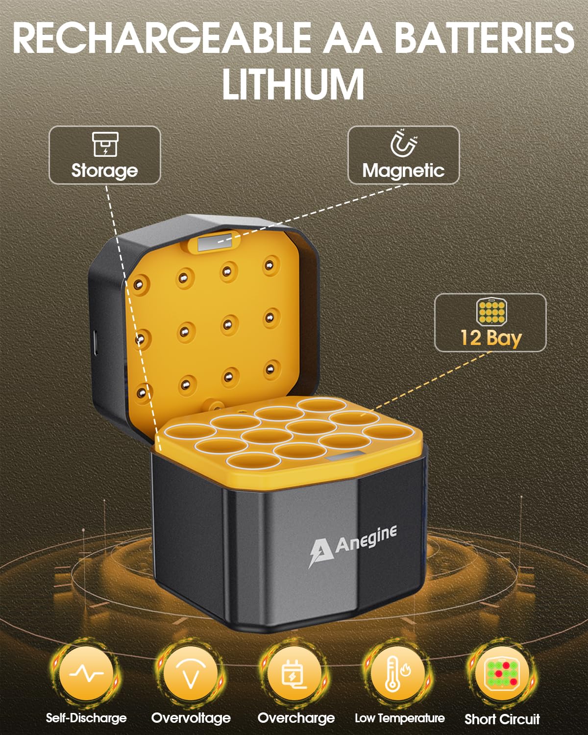 anegine Paquete de 12 pilas AA recargables de litio con cargador rápido, 3600 mWh, 1,5 V, baterías de iones de litio AA de alta potencia, baterías AA de iones de litio de salida constante, tiempos de