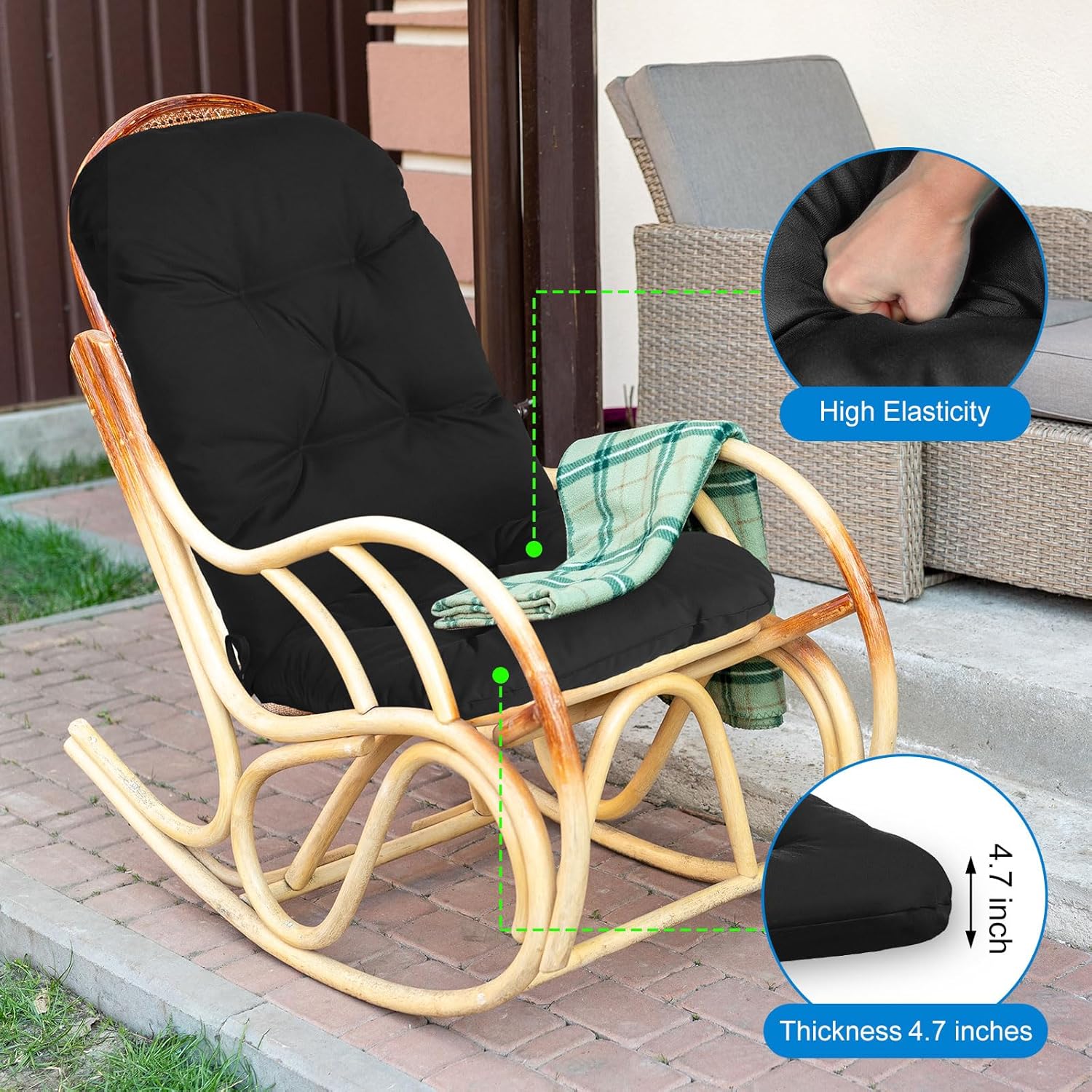 4 Set Outdoor High Back Chair Cushions 47 x 20 Inch Rocking Chair Cushions Waterproof Fade Resistant Comfort Replacement Seat Pads with Ties for Patio Lawn Yard Porch Home Office(Black)