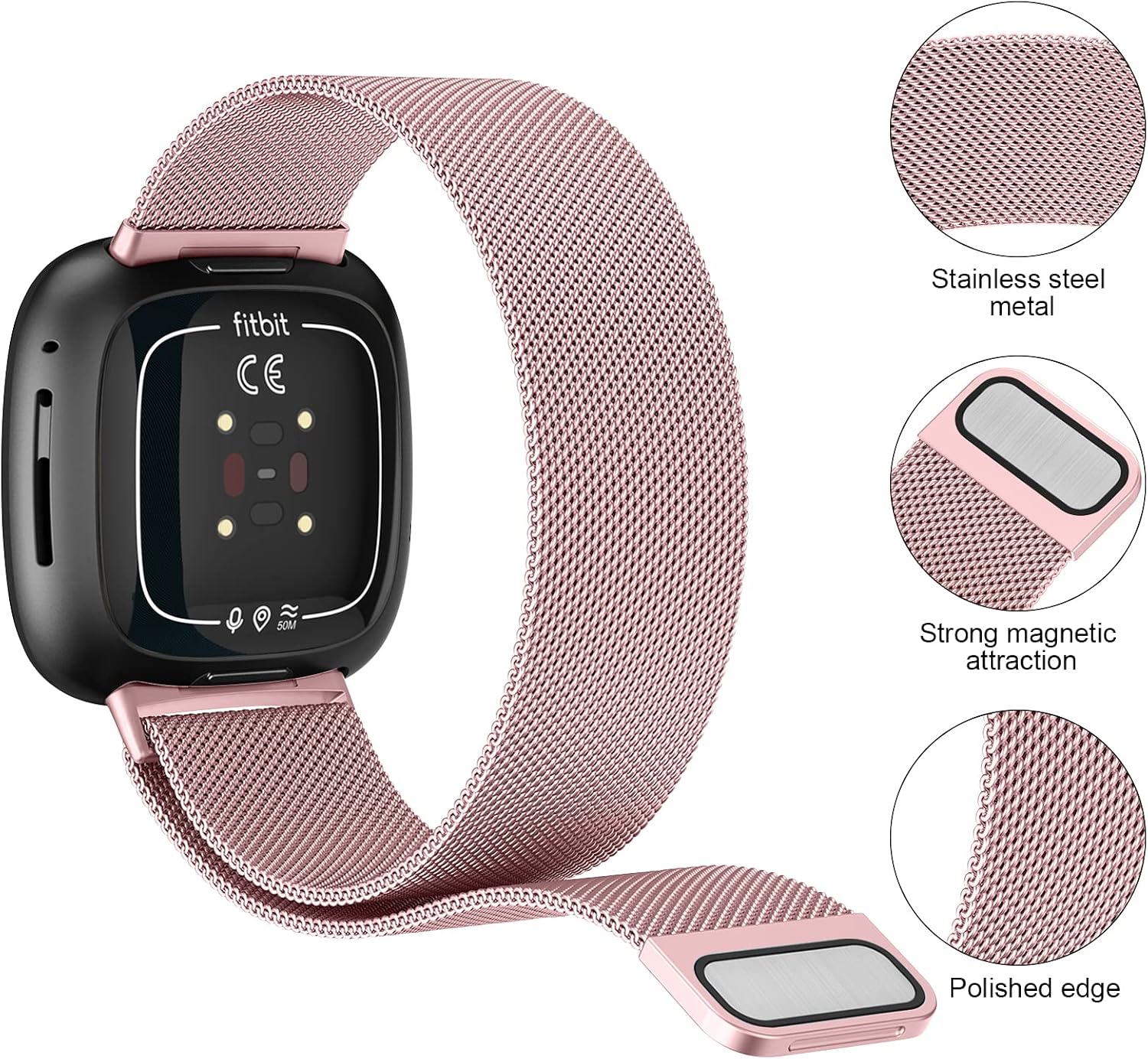 Tobfit [2 Pack] Metal Bands Compatible with Fitbit Versa 3 / Fitbit Sense, with [2 x TPU Screen Protector Case] Stainless Steel Adjustable Magnetic Wristbands (Black & Rose Gold, Small)