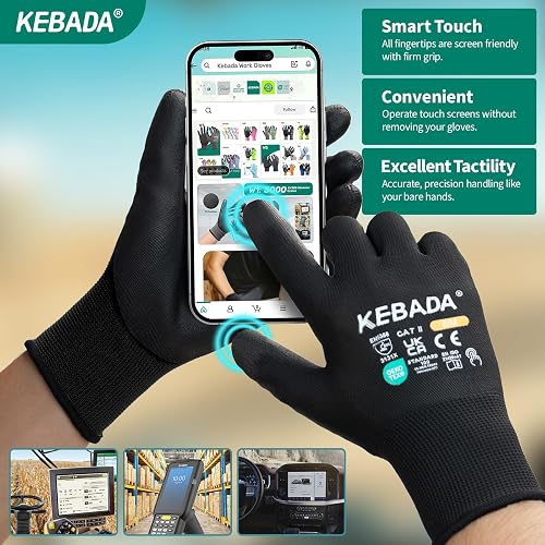 Kebada Gants de travail pour hommes et femmes, gants de sécurité enduits PU, antidérapants et tactiles, idéals jardinage, mécanique, entrepôt, conduite, construction, industrie, Noirs, 12 Paires, L - 3