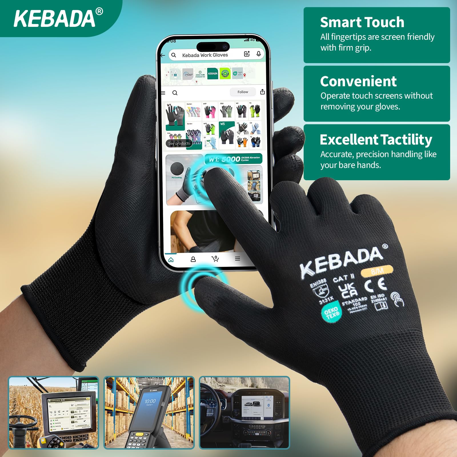 Kebada guantes de trabajo hombre y mujer táctiles, PU, W1, pack de 50 pares | Negro, talla 7/S, palmas de PU, tejido transpirable, agarre antideslizante para jardinería, mecánica y almacén