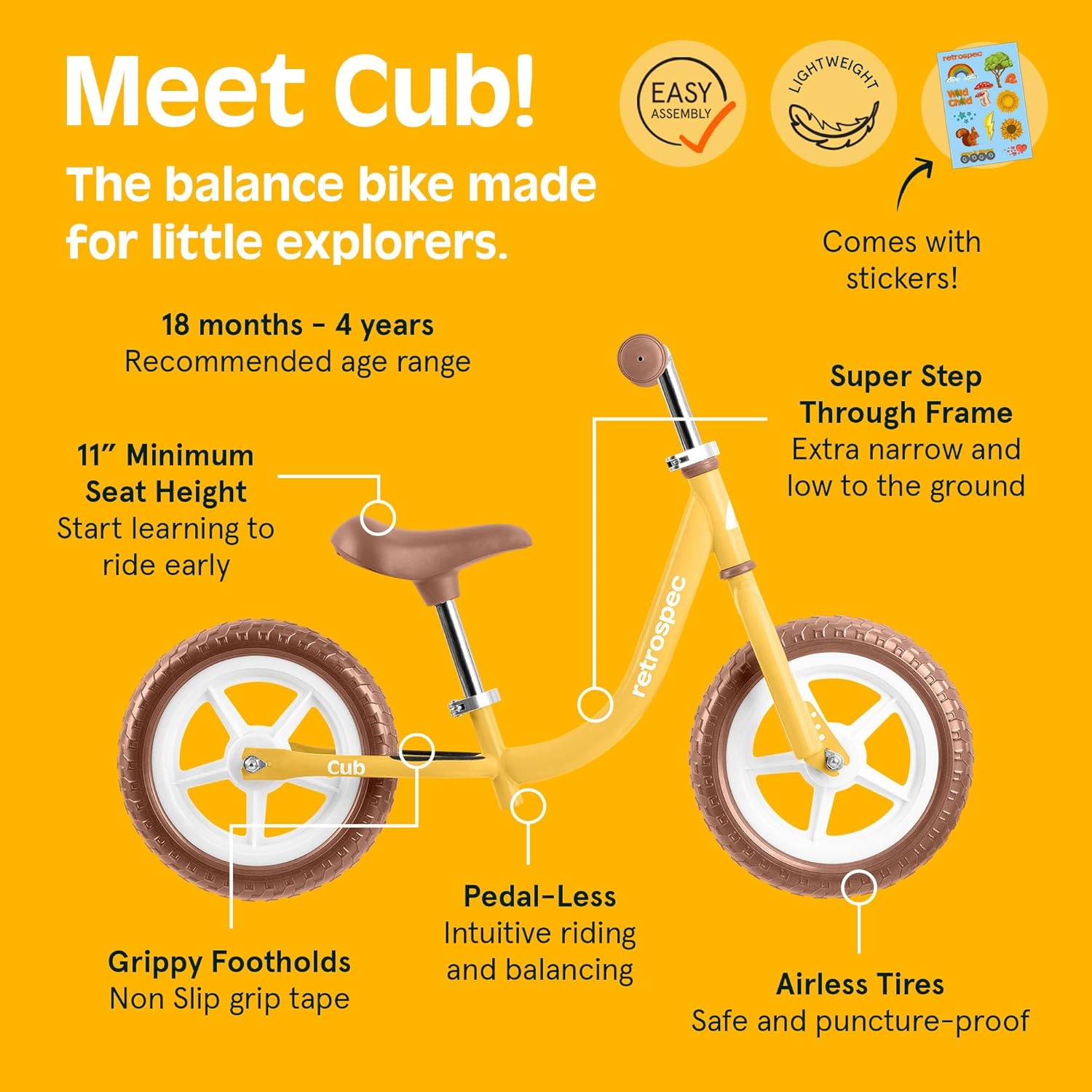 Retrospec Cub Toddler Balance Bike for Ages 18 Months - 3 Years - 12in No-Pedal Beginner Bicycle with Adjustable Seat, Puncture-Proof Tires & Safe Low Frame Design
