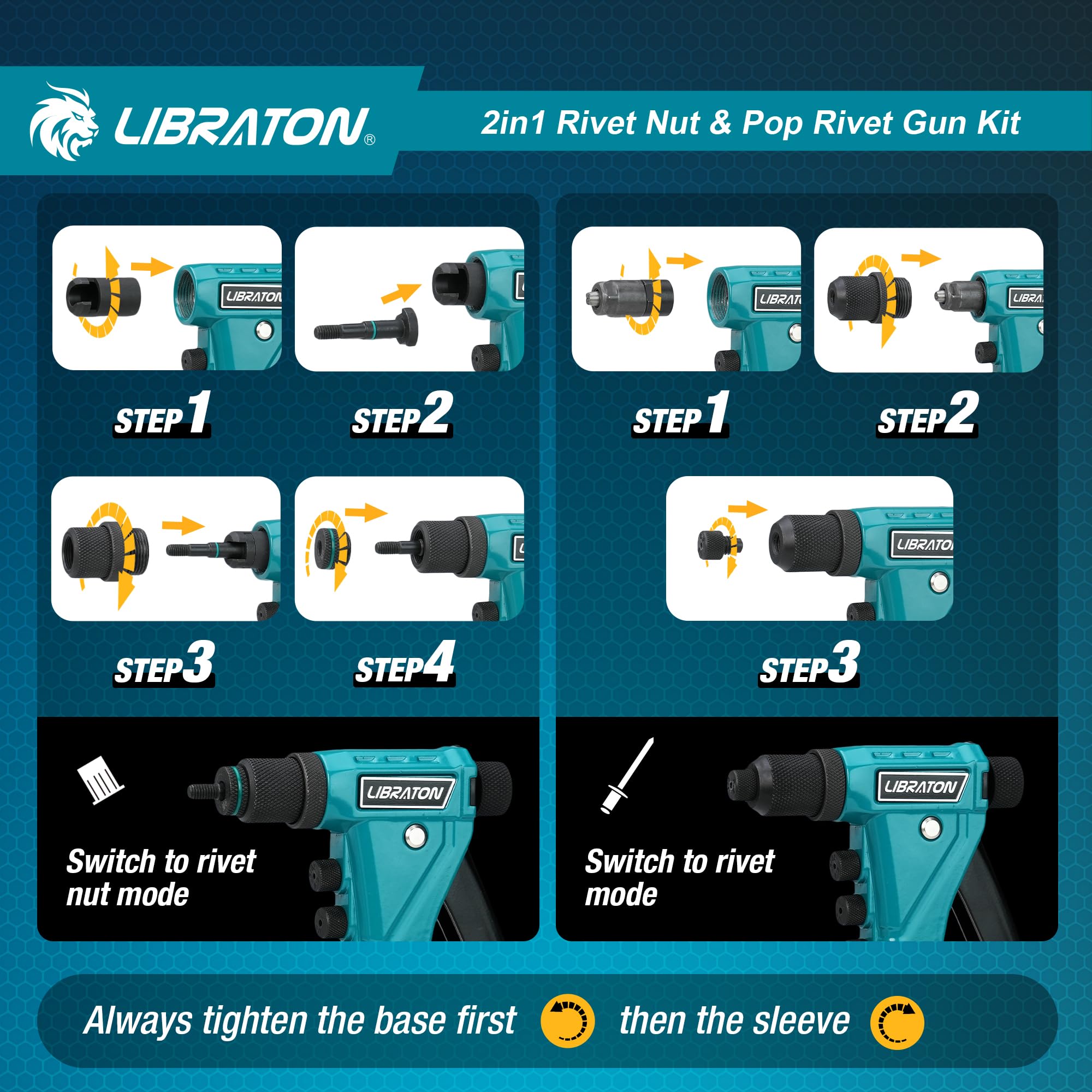 LIBRATON Kit de Remachadora de Tuercas y Remaches 2 en 1, con 4 Mandriles (M3-M6), 4 Boquillas (2.4-4.8mm), 40 Tuercas y 200 Remaches, Remachado Ajustable para Bricolaje y Reparaciones, con Caja