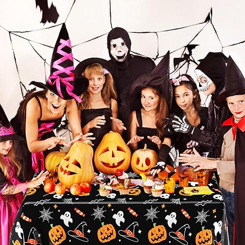 Miniatura 5 de PLULON Paquete de 3 manteles de Halloween de 54 x 108 pulgadas, tela de araña de calabaza, fantasma, murciélago, mantel de plástico para decoración